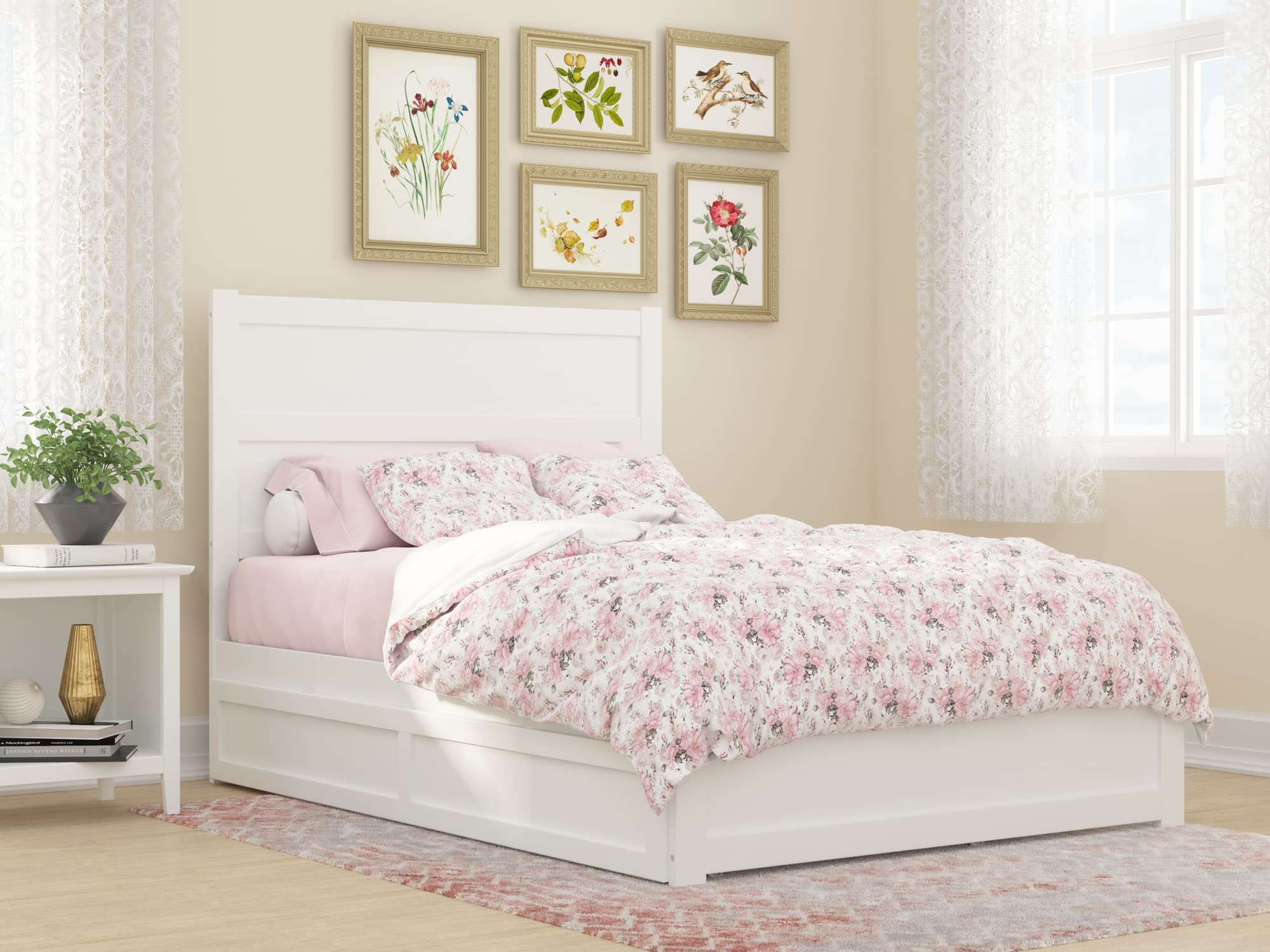 AFI NoHo Full Platform Bed with Footboard, Twin Trundle & USB Charger - White Wooden Bed Frame for Small Spaces | Perfect for Guest Rooms, Kids Rooms & Studio Apartments
