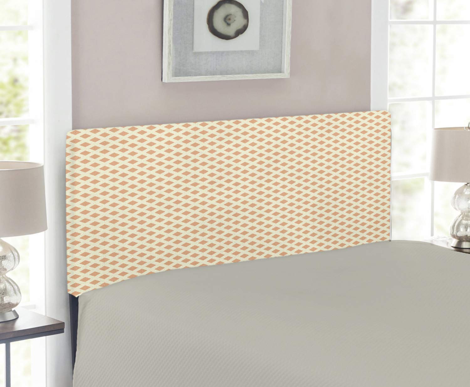Ambesonne Geometric Upholstered Headboard - Diagonal Cubical Diamond Line Pattern on Orange Background, Twin Size, Pale Orange | Memory Foam Decorative Metal Bed Headboard for Modern Bedroom Decor
