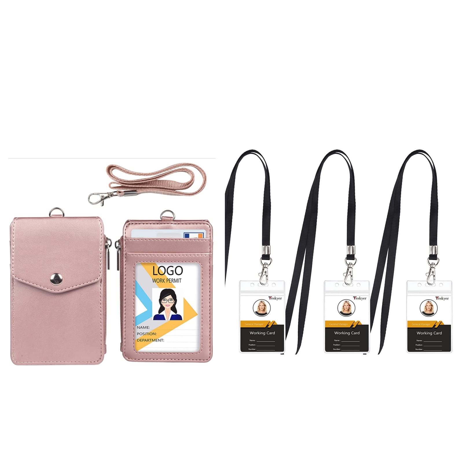 Pink Badge Holder with Zipper Pocket & 3 Clear ID Badge Holders with Lanyard - Perfect for Work, School, Events and Conventions