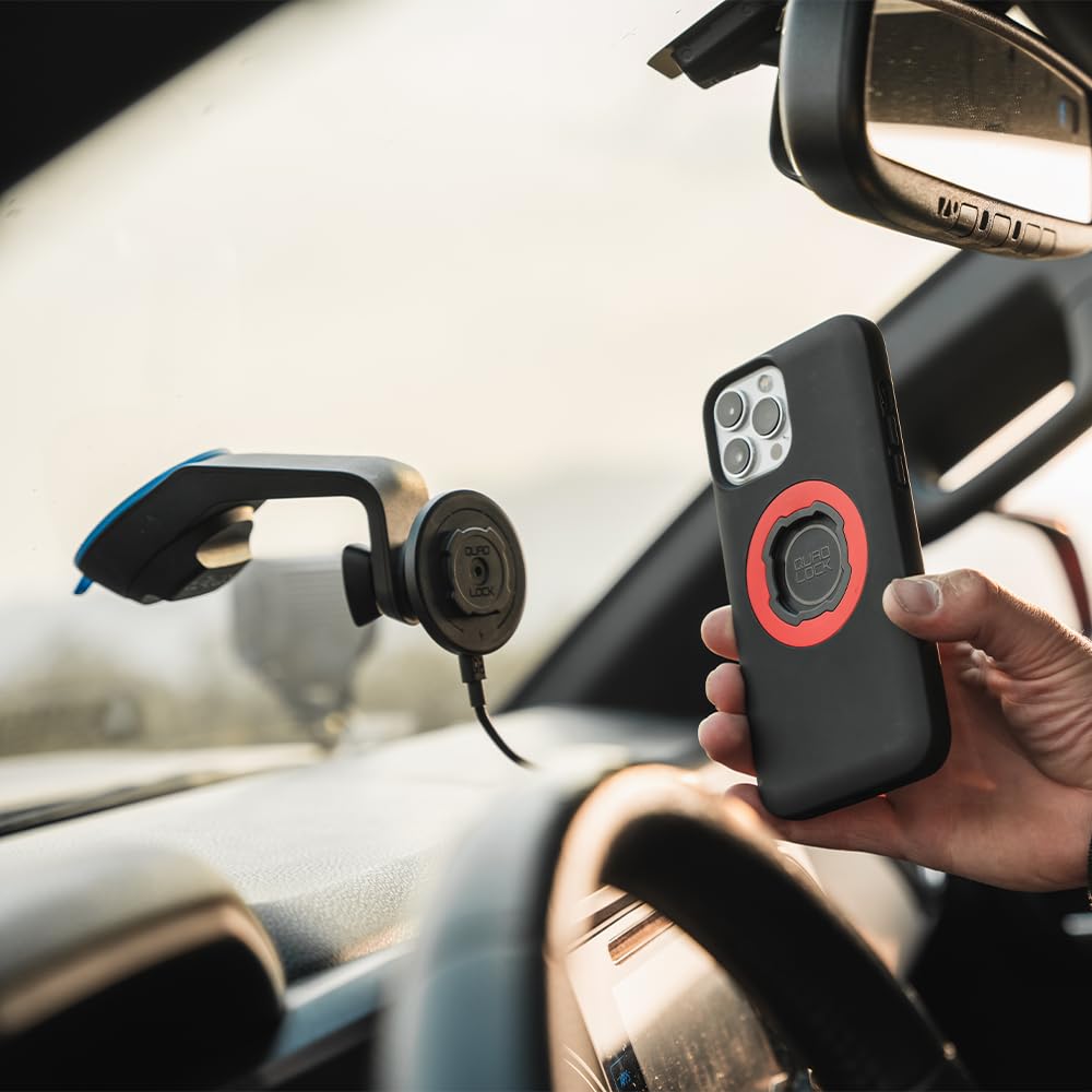 Quad Lock Suction Car Phone Mount with MAG Wireless Charging - Compatible with iPhone 13/14/15 & Samsung Galaxy - Windshield & Dashboard Phone Holder Kit - Perfect for Driving, GPS Navigation & Hands-Free Calls