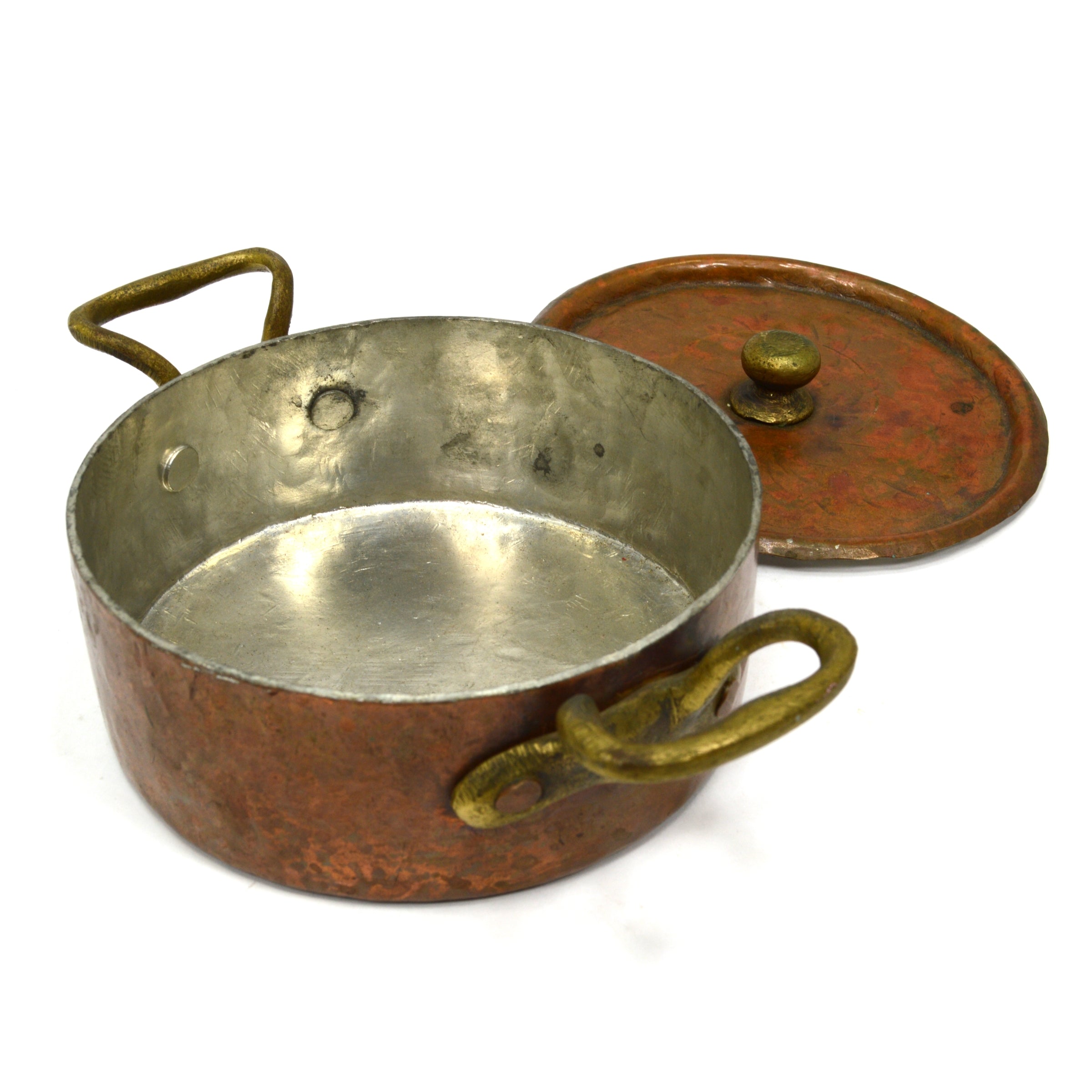 Vintage Copper & Tin Braising Pan - 5 Single Serve Bowls with Lid & 2 Brass Handles | Perfect for Asian Cooking, Hot Pot & Tabletop Serving