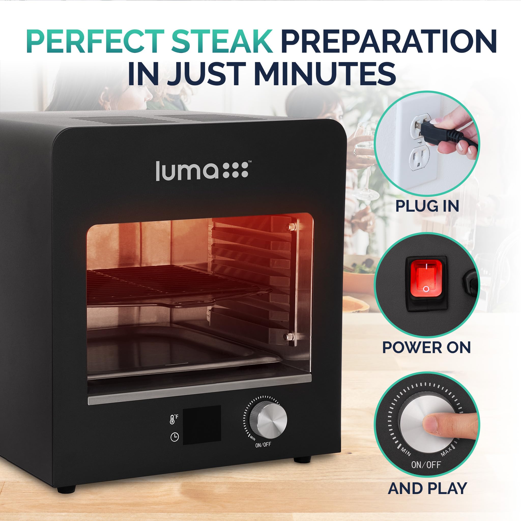 Luma Electric Steak Grill - Smokeless Indoor Countertop Infrared Grill with Griddle, Heats to 1450°F for BBQ, Grilling, Toasting & Broiling - Perfect for Chicken, Beef, Pork & Vegetables - Ideal for Kitchen, Camping & Small Space Cooking