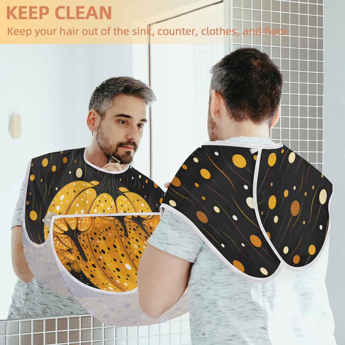 Cartoon Yellow Pumpkin Beard Shaving Bib for Men - Waterproof Hair Dye & Makeup Apron for Barber Stylists, Women's Haircut Cape - Sink Hair Catcher & Beard Trimming Tool (Perfect for Halloween Costumes, Salon Use & DIY Grooming)