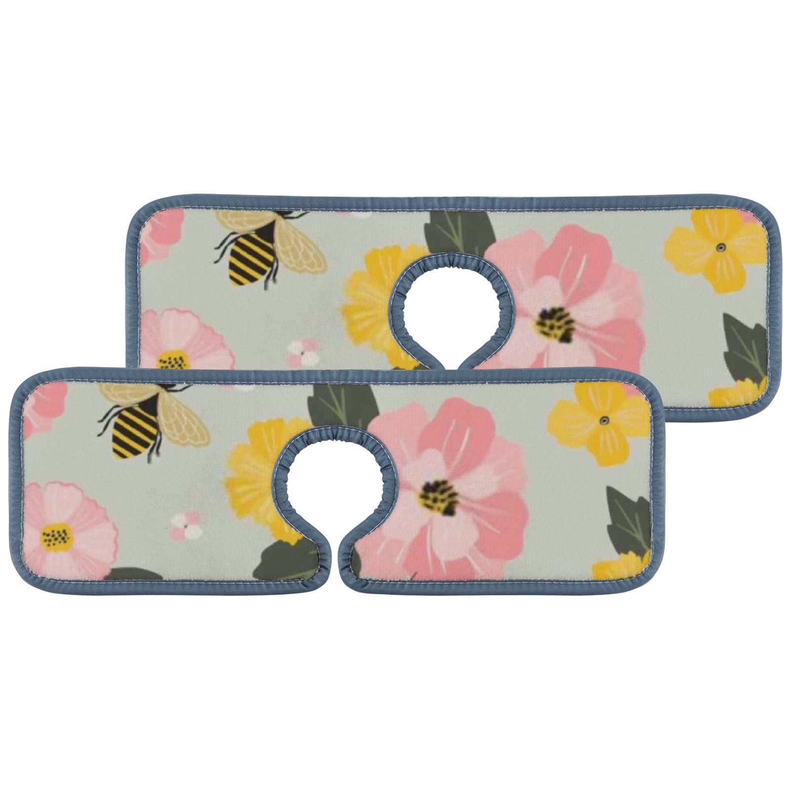 Farmhouse Style Kitchen & Bathroom Sink Faucet Mat - 3 Pack Absorbent Splash Guard Pads with Honey Bee Flower Design, Waterproof Countertop Protector for RV, Home, and Office Use