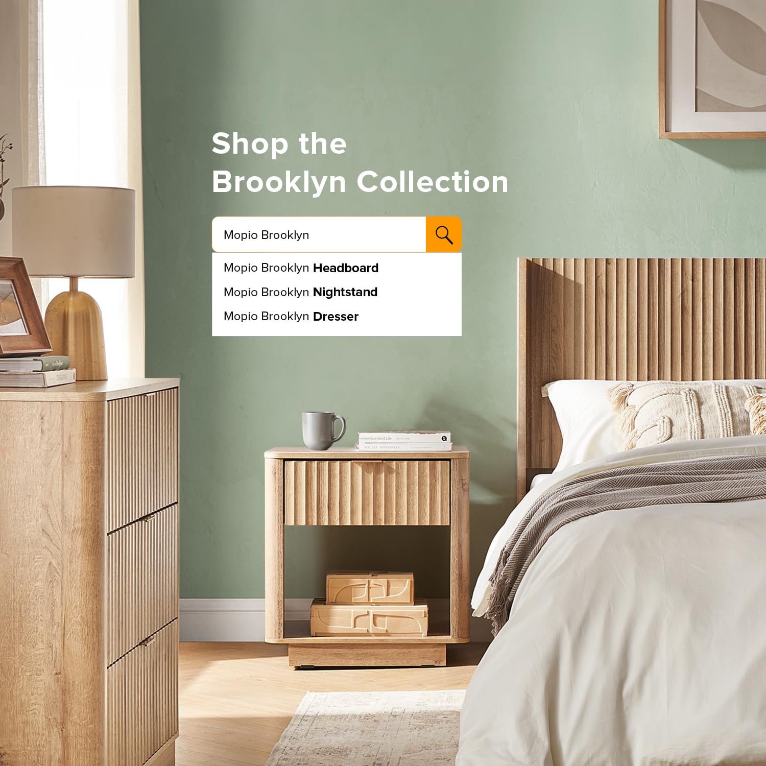 Mopio Brooklyn Night Stand - Modern Farmhouse Bedside Table with Drawer & Fluted Panel, Small End Table with Storage, Curved Profile (Golden Oak, Set of 2) - Perfect for Bedroom, Living Room, Guest Room & Apartment Decor