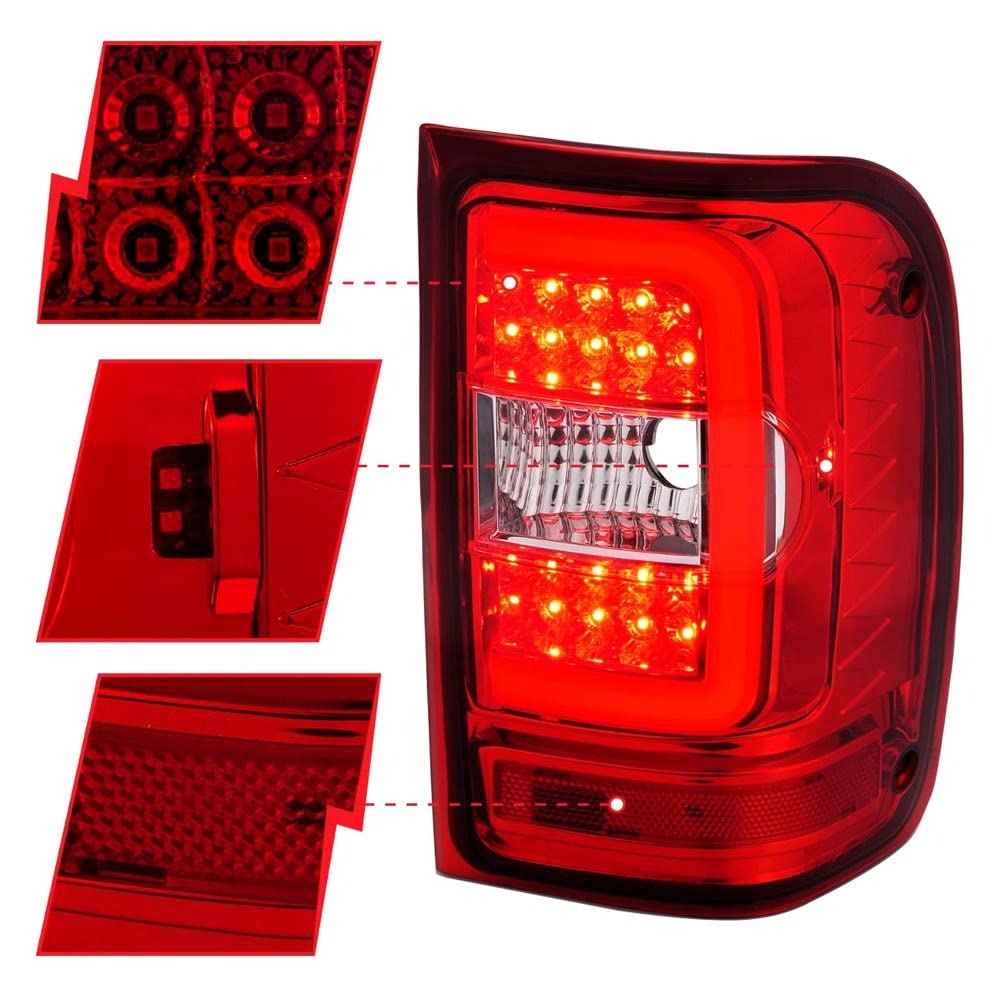 2001-2011 Ford Ranger LED Tail Lights with Light Bar - Chrome Housing Red/Clear Lens by ANZO (311393) | Enhanced Visibility & Style for Night Driving & Custom Truck Builds