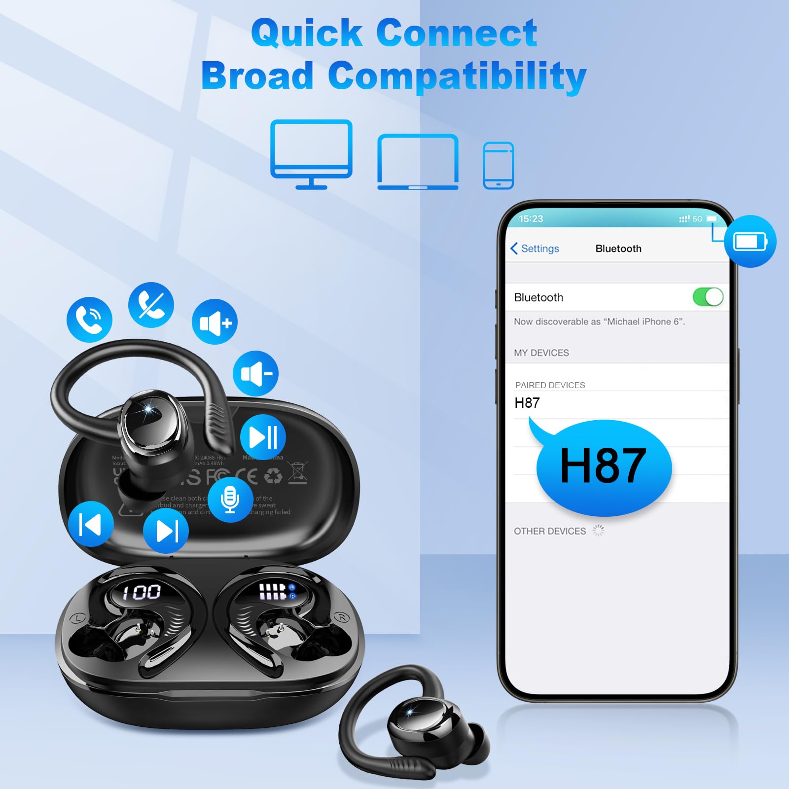 **Wireless Bluetooth 5.4 Earbuds with Earhooks, 50H Playtime & ENC Noise Canceling Mic, IP7 Waterproof Sport Headphones for Running, Gym, Workout – Perfect for Fitness, Commuting & Travel**
