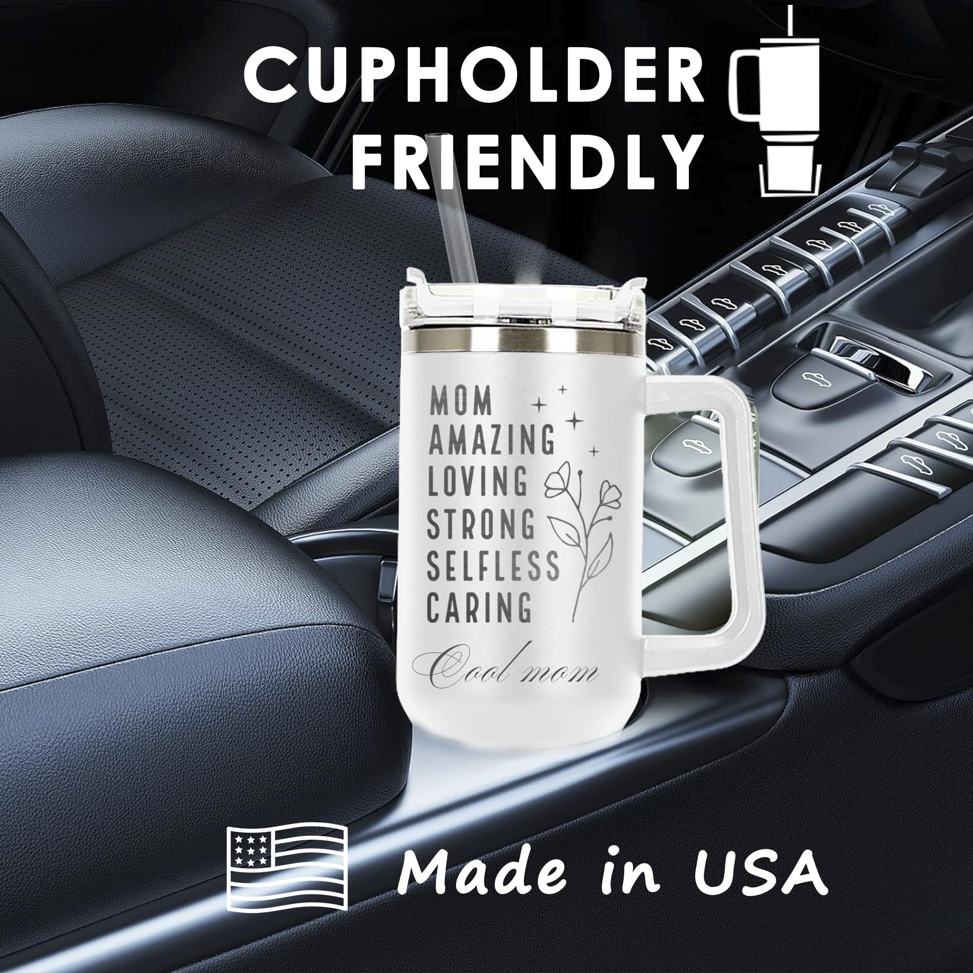 Personalized 40 oz Tumbler with Handle, Straw & Lid - Custom Engraved Travel Mug for Mom - Double Wall Vacuum Insulated Coffee Cup - Perfect Mother's Day & Birthday Gift - Ideal for Office, Gym, Travel & Daily Use