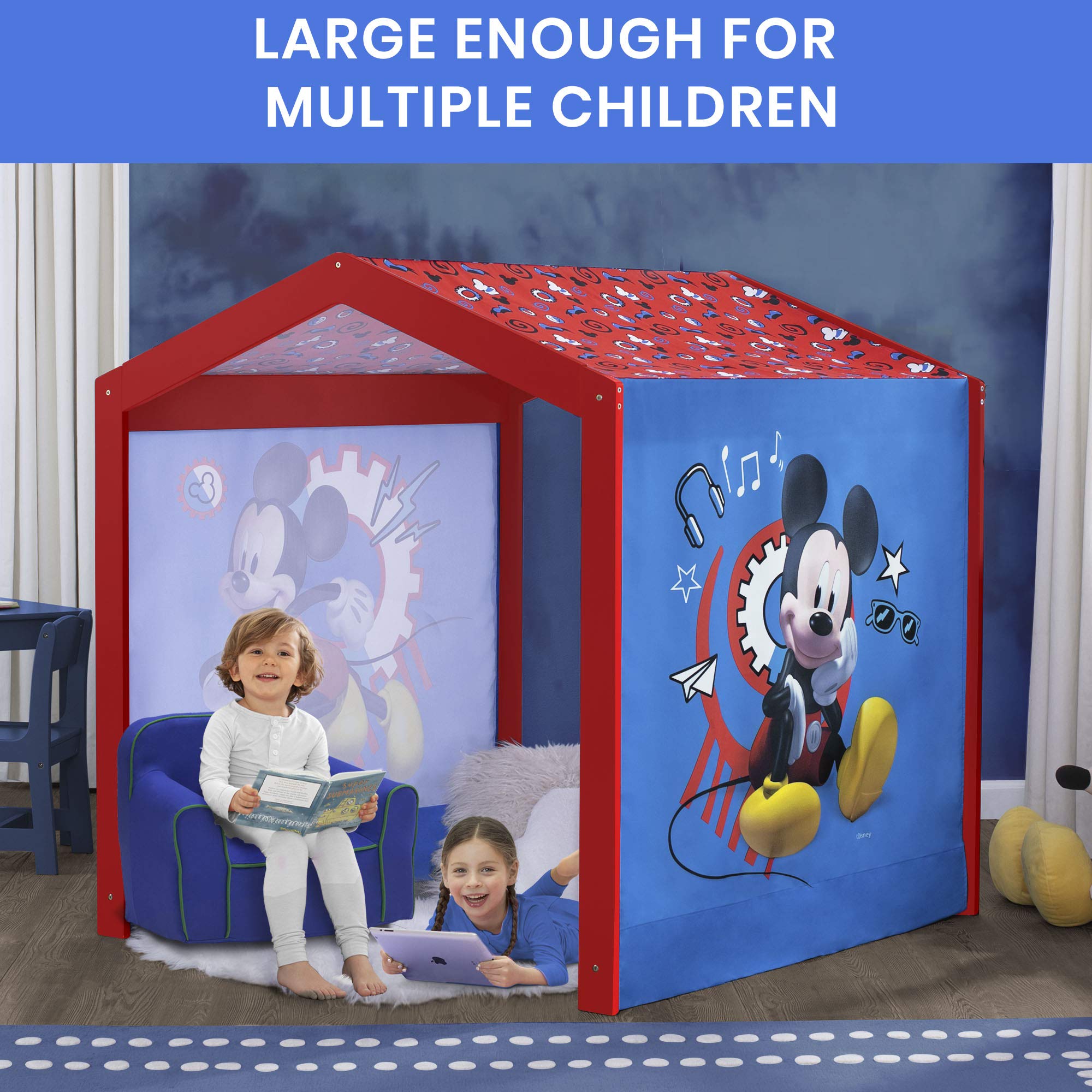 Disney Mickey Mouse Indoor Playhouse with Fabric Tent & MySize Wood Toddler Bed by Delta Children - White - Perfect for Kids' Bedroom, Playroom & Indoor Playtime