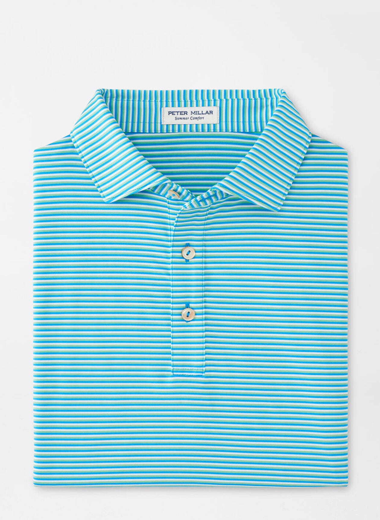 **Peter Millar Men's Short Sleeve Polo Shirt - Green & Blue Stripe - Casual & Golf Wear**