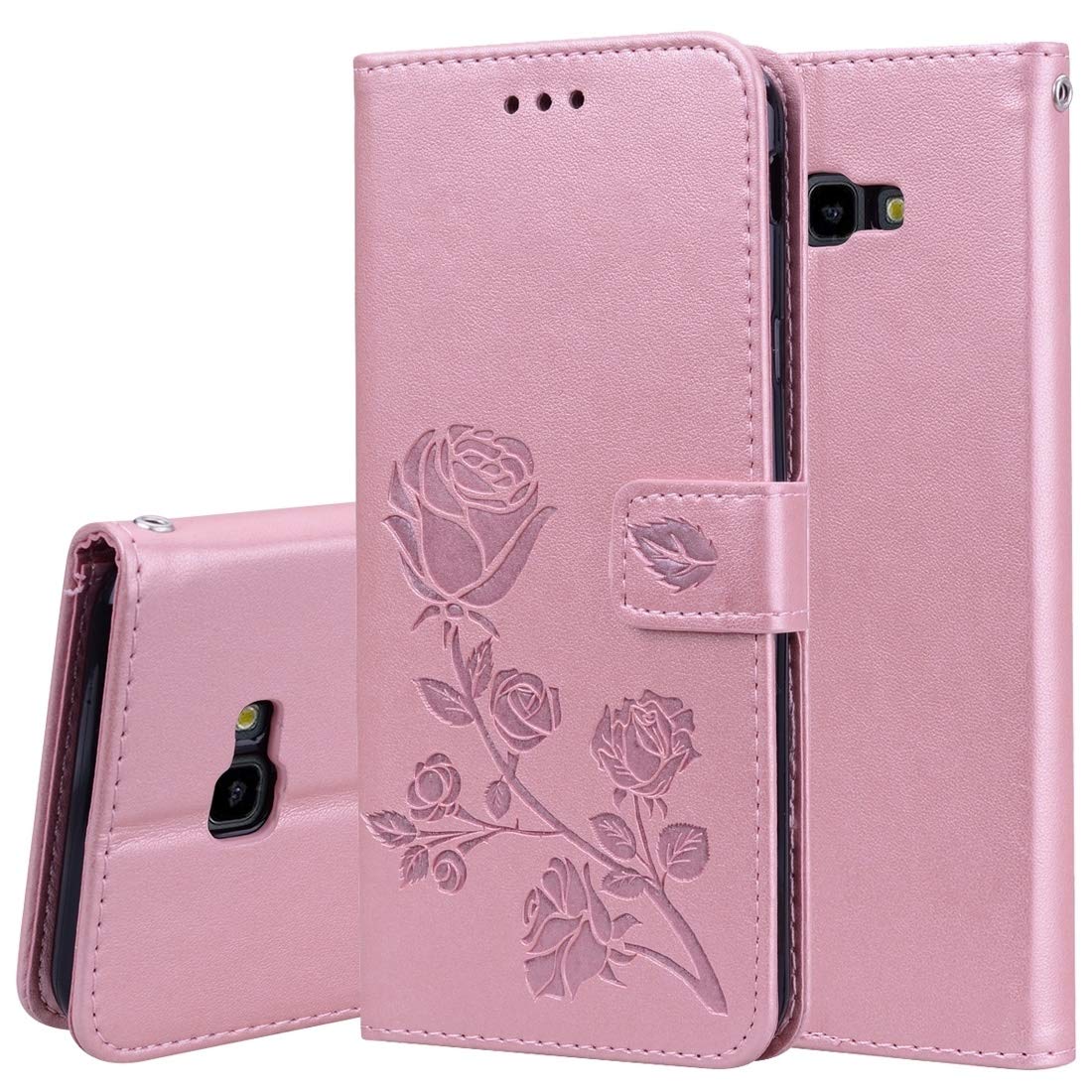 Premium PU Leather Rose Embossed Flip Phone Case for Samsung Galaxy J4 Plus - Wallet Design with Card Slots & Kickstand (Rose Gold/Green) | Perfect for Daily Use, Travel & Hands-Free Viewing