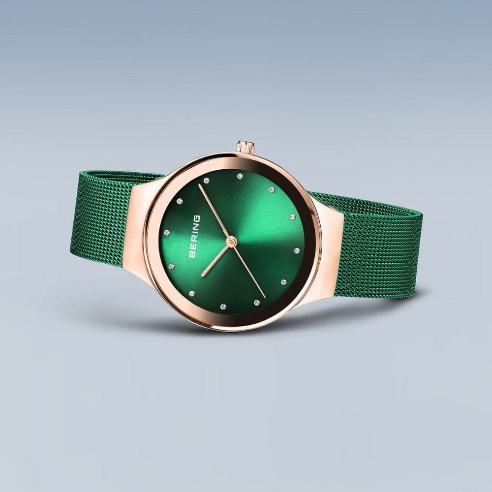 Bering Classic Women's Watch with Green Dial & Milanese Strap - Elegant Quartz Timepiece for Everyday Wear, Perfect for Office, Date Night and Special Occasions