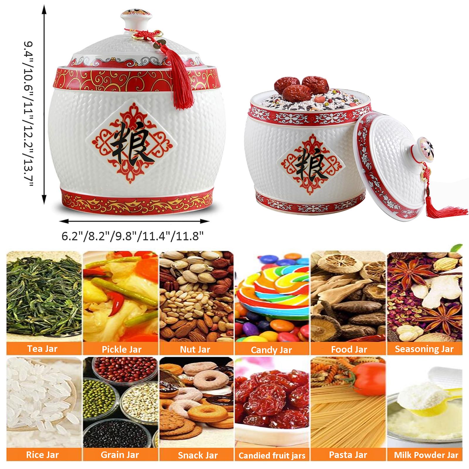 HM&DX Ceramic Rice Storage Containers with Lid - Airtight Porcelain Food Dispenser, Chinese Style Rice Jar & Flour Sugar Baking Storage Box for Kitchen Pantry Organization | Perfect for Rice, Grains, Flour, Sugar & Dry Food Storage