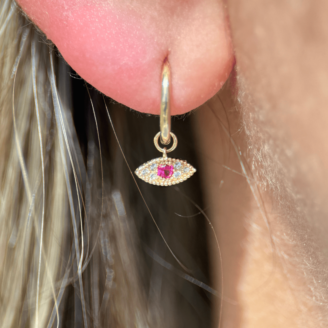 14K Yellow Gold Hoop Earrings with Sapphire Evil Eye Charm - Protection Jewelry for Women, Perfect for Everyday Wear & Gift Giving