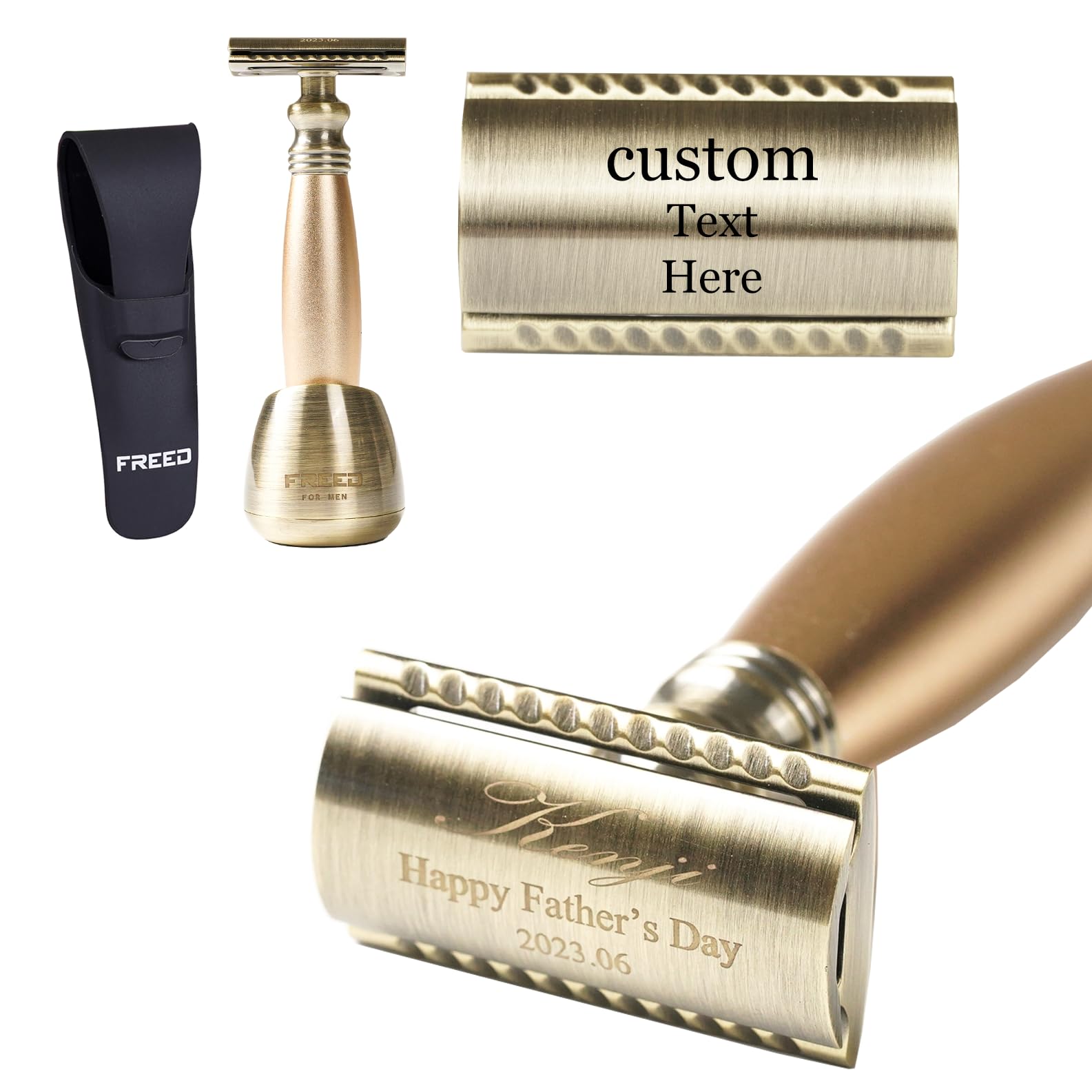 Premium Bronze Engraved Men's Shaving Kit - Metal Handle Safety Razor with Travel Case, Stand & 10 Blades - Perfect Gift for Father's Day, Birthday & Anniversary - Luxury Wet Shaving Experience for Home & Travel
