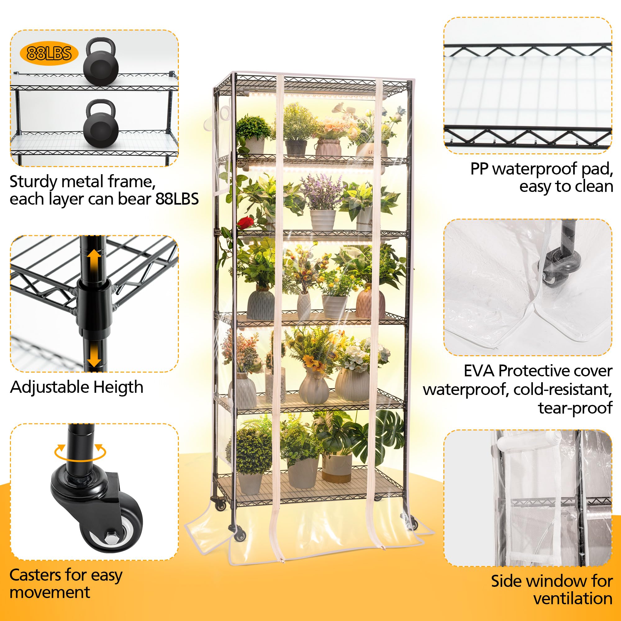 6 Tier Metal Plant Shelf with Grow Lights - 90W LED Indoor Greenhouse for Seed Starting, DIY Grow Rack with Cover, Timer, Thermometer & pH Meter | Perfect for Hydroponics, Herb Gardens & Small Space Gardening