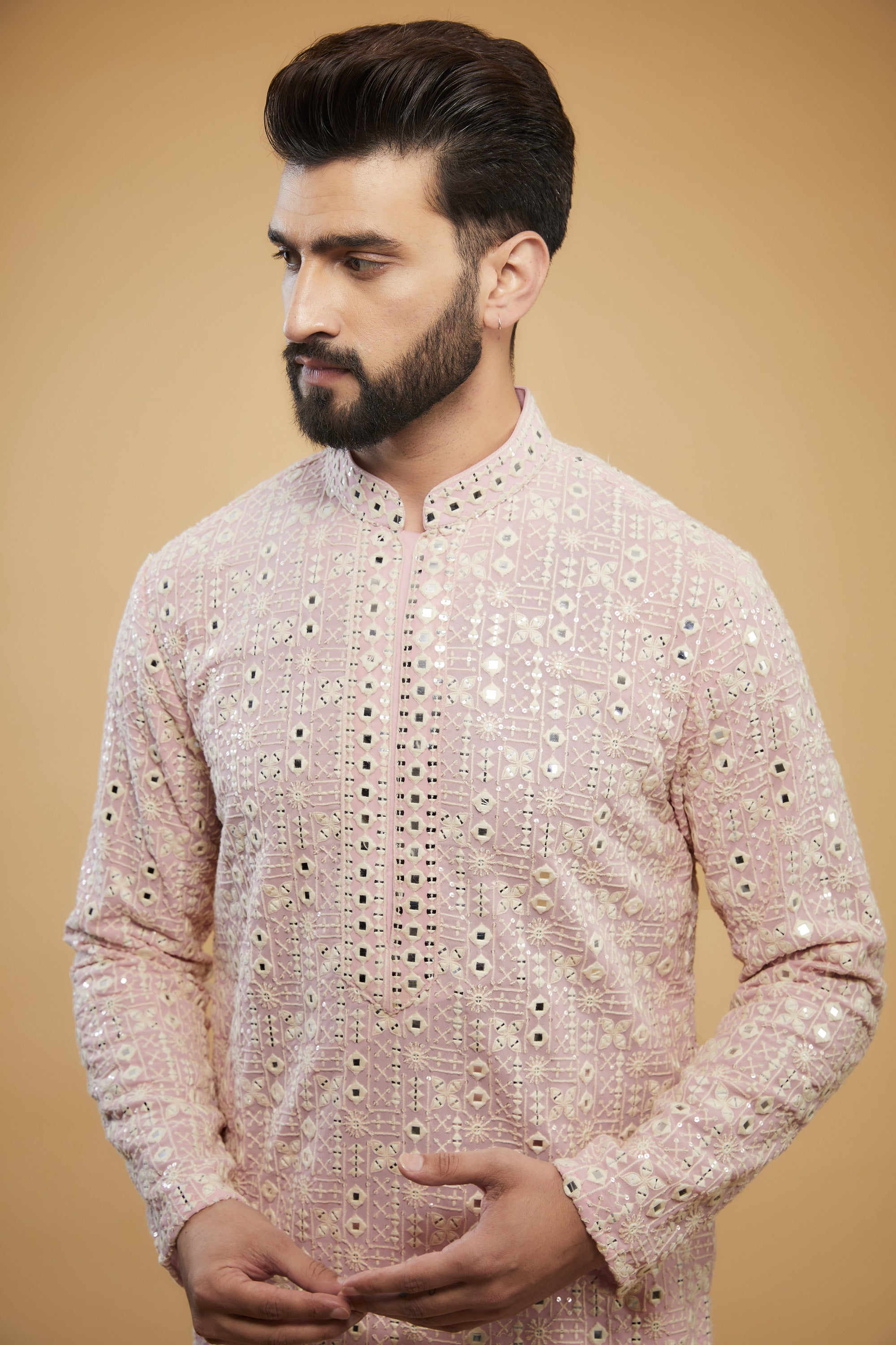 Elegant Pink Mirror Work Kurta with Intricate Neckline - Perfect for Festivals, Weddings & Ethnic Parties