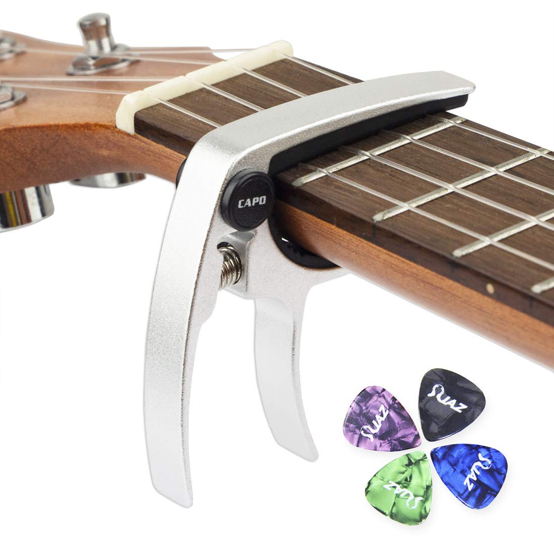 Premium Aluminum Alloy Ukulele Capo for Soprano/Concert/Tenor/Baritone - Lightweight 4-String Uke Clamp with Free Guitar Picks (Silver) | Perfect for Live Performances, Practice & Travel