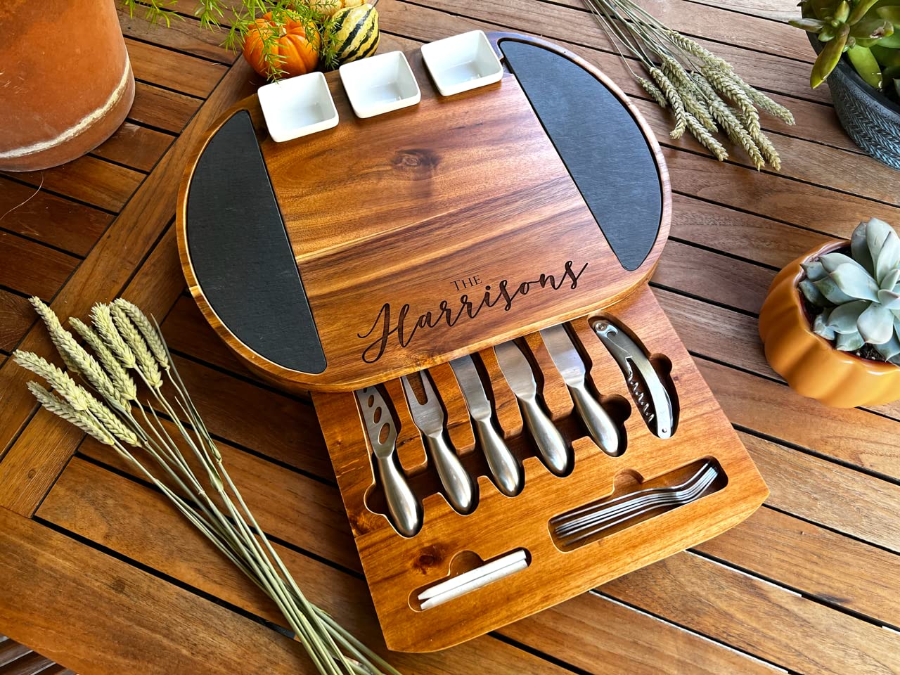 Personalized Round Charcuterie Board Set - 19pcs Cheese Board & Knife Set with Custom Engraving | Perfect Realtor Closing Gift, Wedding Present, Housewarming Party | Great for Entertaining, Cheese Tasting, Charcuterie Platters & Special Occasions