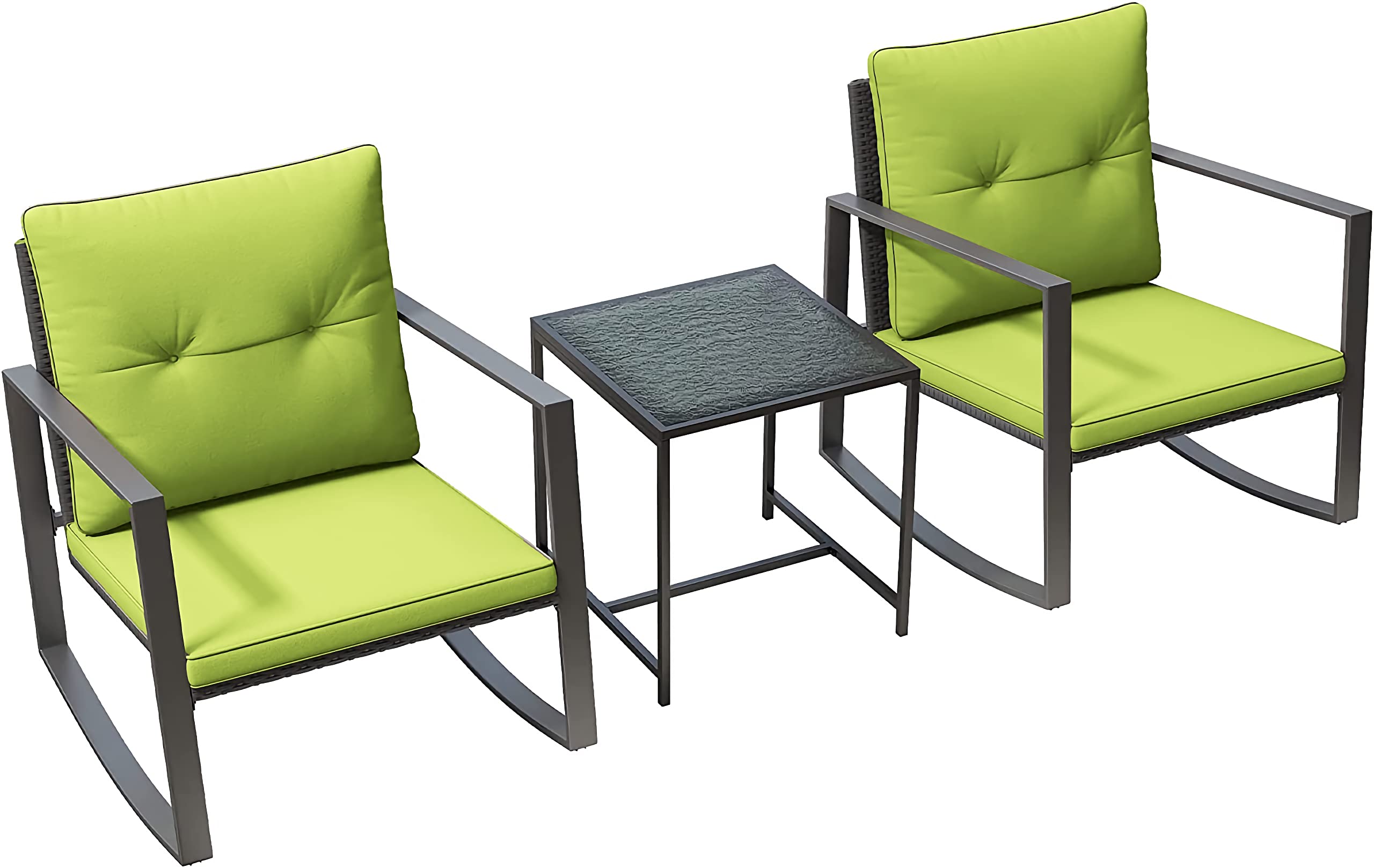 3-Piece Rocking Bistro Set - Black Metal Frame with Green Synthetic Wicker & Soft Cushions - Outdoor Patio Furniture with Glass Coffee Table & 2 Chairs - Perfect for Balcony, Porch, Garden or Backyard Relaxation