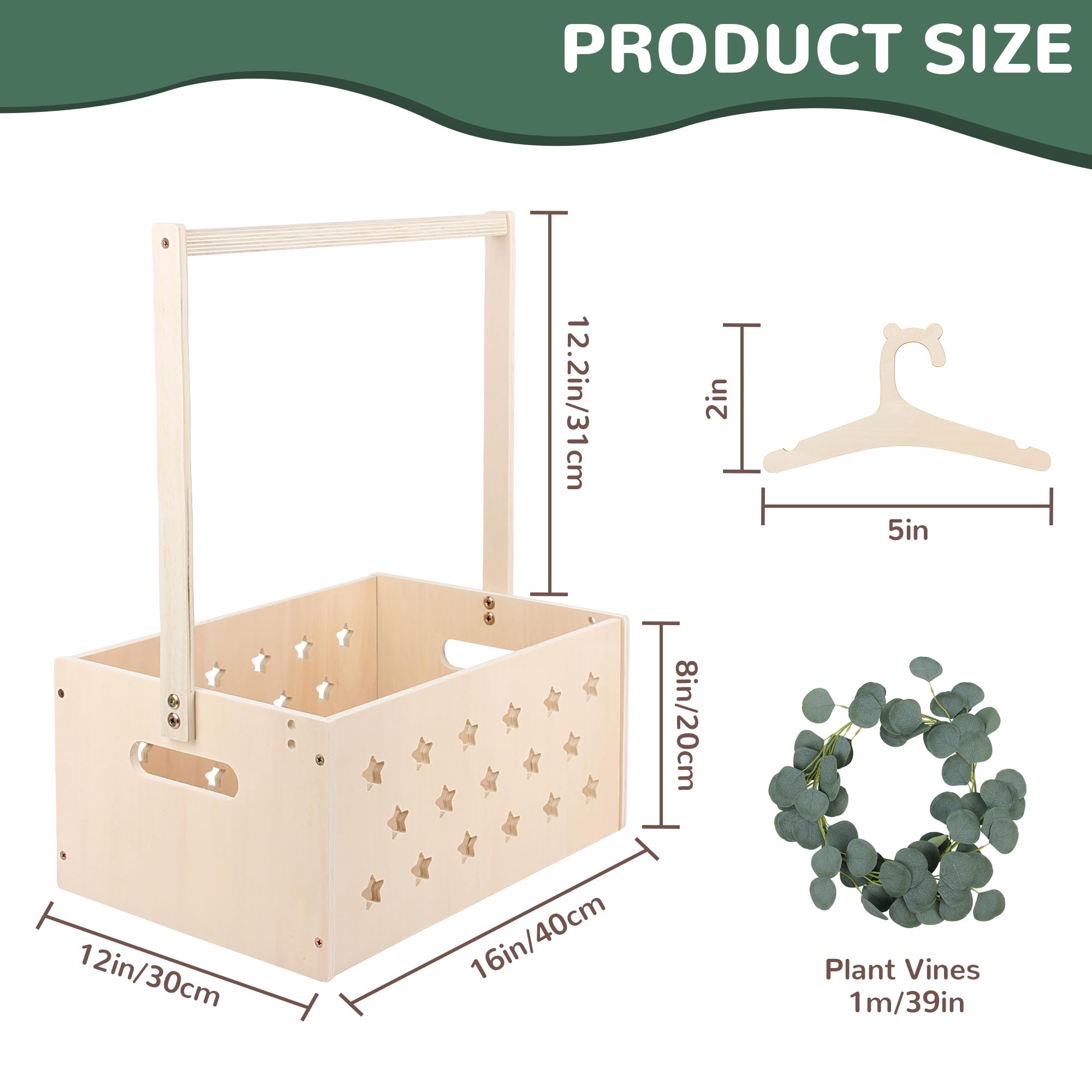 Wooden Baby Shower Gift Crate - Handmade Storage Basket with Handle & Garland Hangers - Perfect for Newborn Boy or Girl - Pregnancy Gift for New Parents - Large Nursery Organizer for Baby Clothes, Toys & Essentials