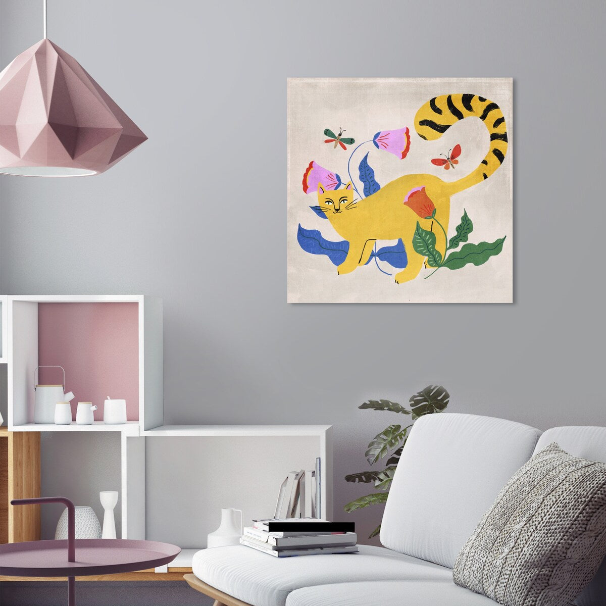 Modern Yellow Floral Kitten Butterfly Canvas Wall Art Print - Blonde Tabby Cat Garden Decor for Bedroom, Living Room & Nursery | Home Wall Decorations