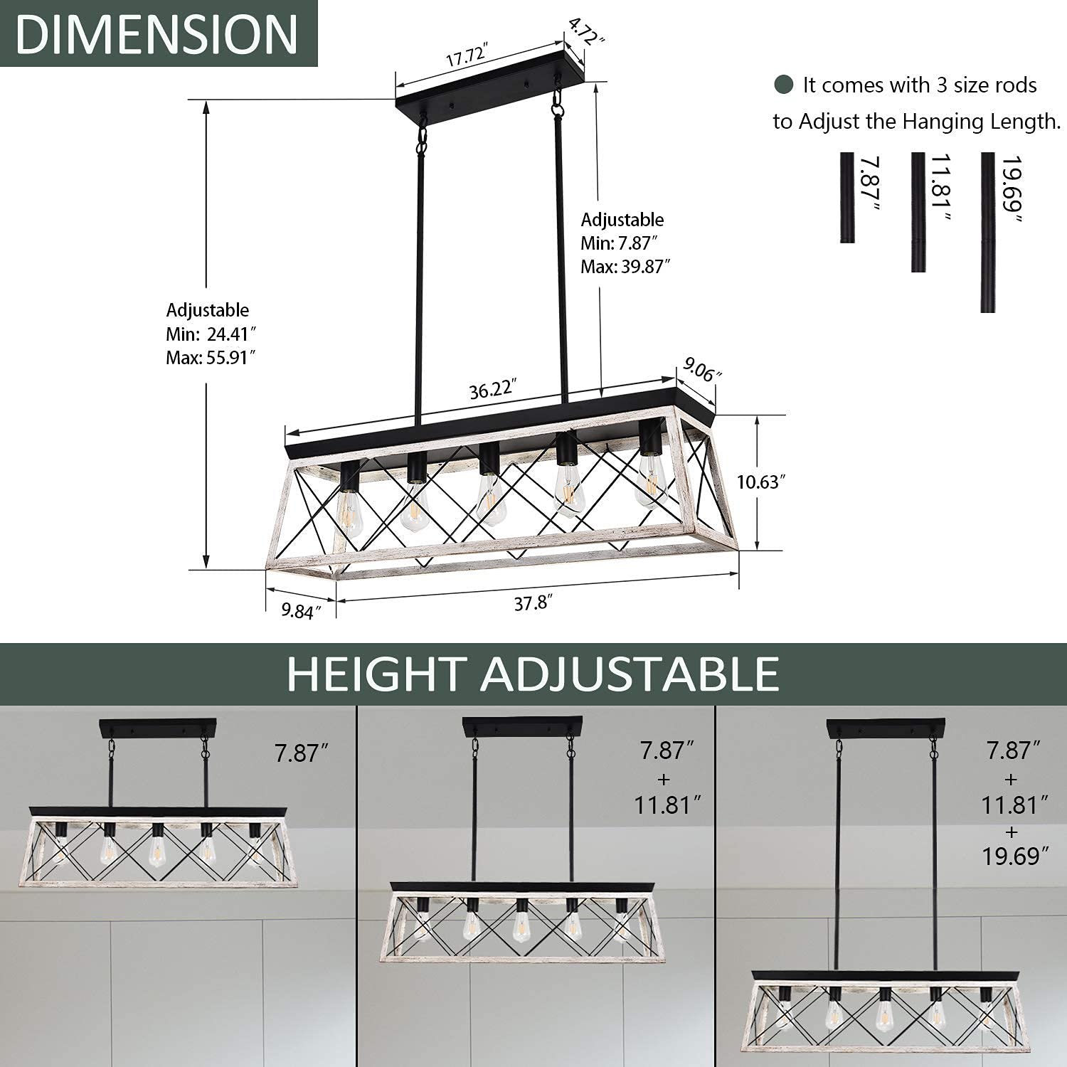 Luupyia 5-Lights Modern Linear Kitchen Island Lighting & 4-Lights Rustic Farmhouse Pendant Light Fixture Set - Perfect for Dining Room, Kitchen Island, Bar Counter and Breakfast Nook Lighting