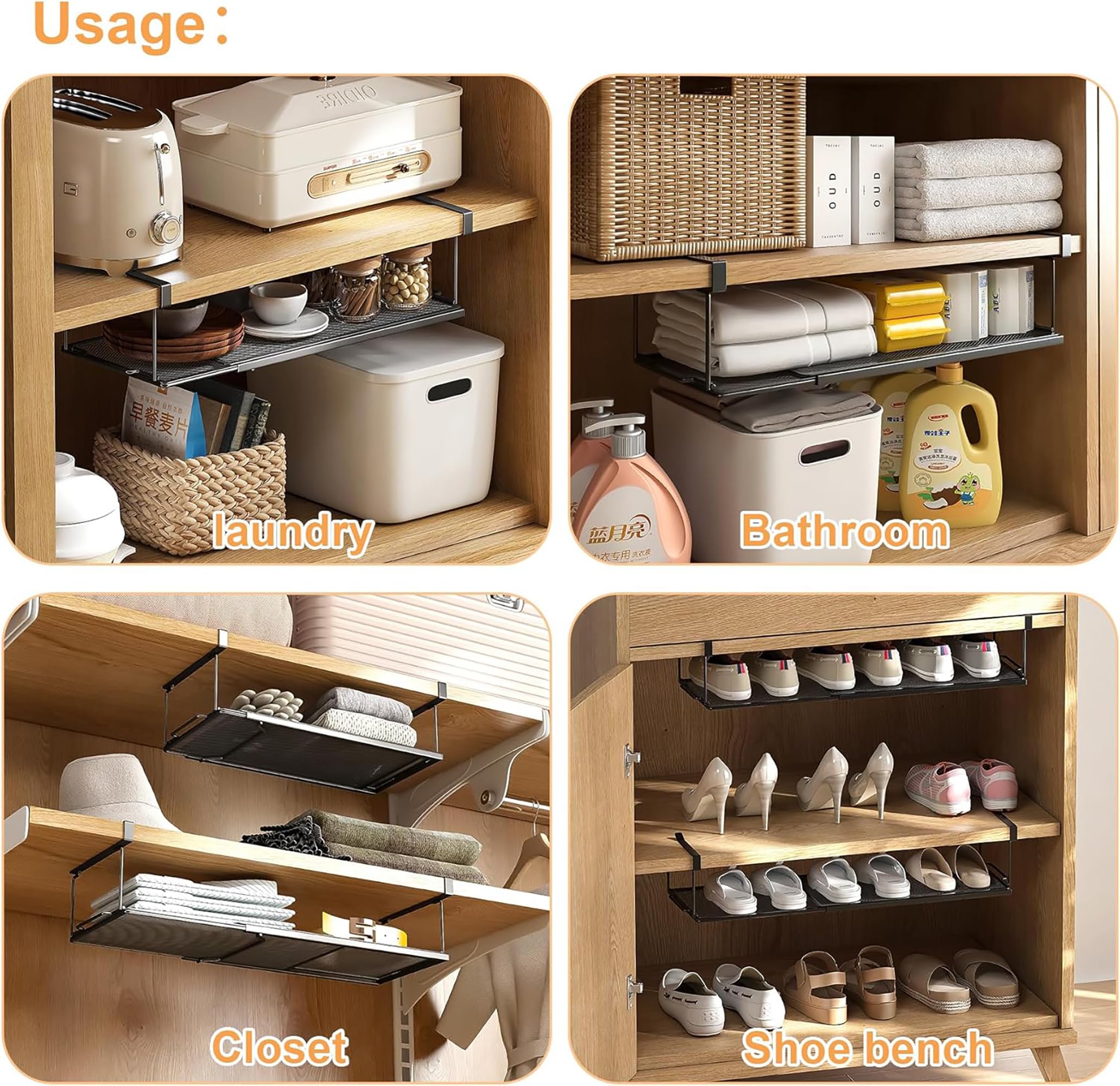 MosQuick® Under Shelf Expandable Metal Mesh Rack - Durable Kitchen Storage Organizer for Pantry, Laundry Room, Closet | Space Saving Shelf for Shoes, Spices & Cleaning Supplies (Black)