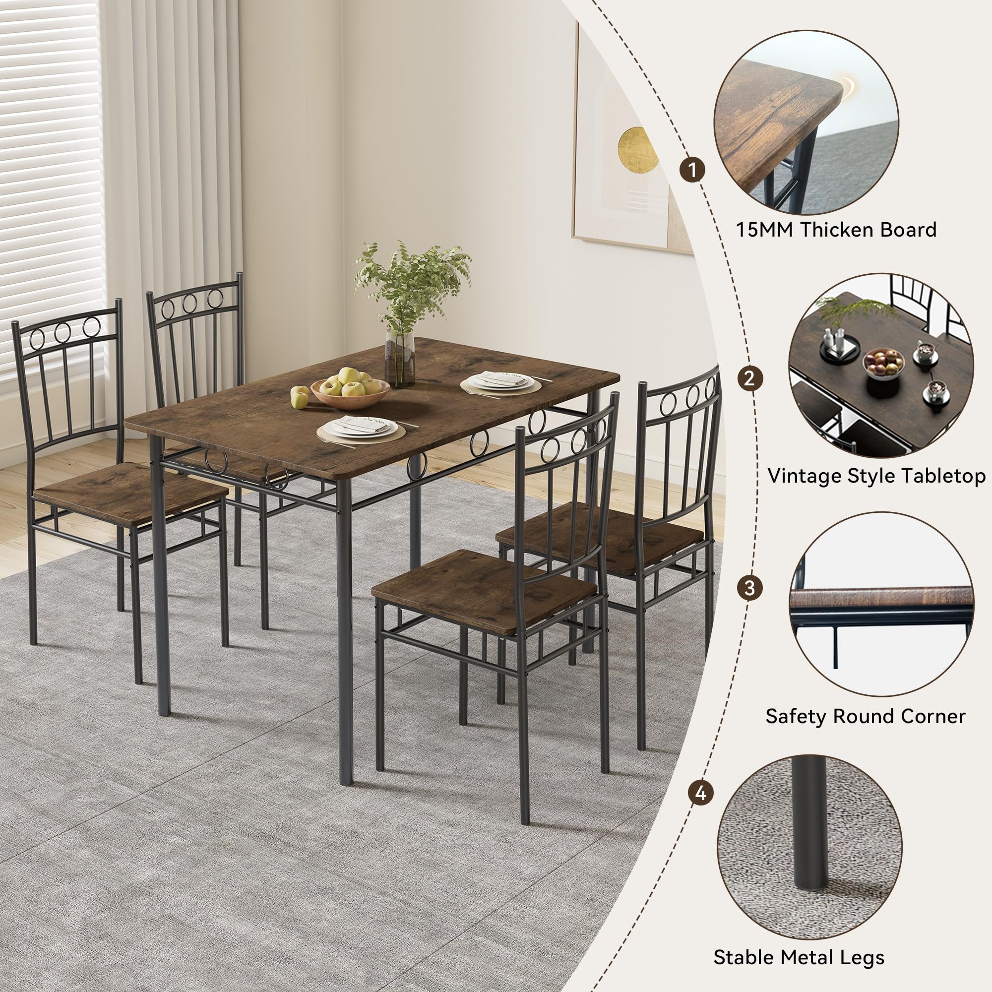 5-Piece Retro Brown Dining Table Set for 4 - Space-Saving Rectangular Kitchen Table with 4 Chairs - Perfect for Small Spaces, Apartments & Dinettes - Ideal for Family Meals, Breakfast Nooks & Cozy Dining Areas