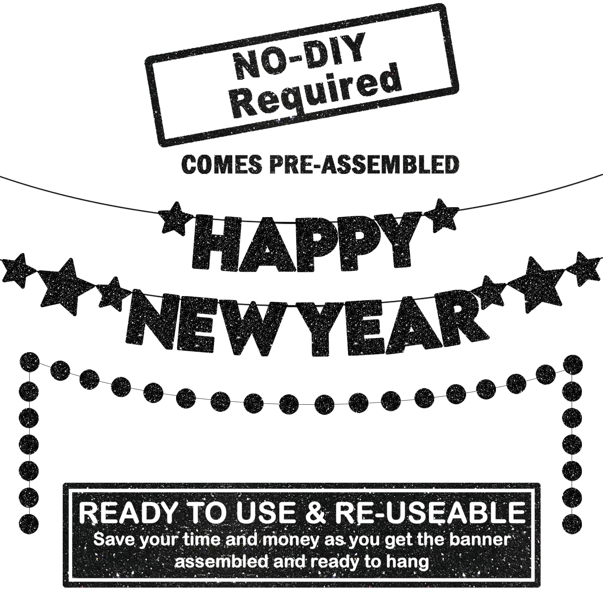 KatchOn 10ft Glitter Happy New Year Banner 2025 - Pre-Strung Black NYE Party Decor | New Year's Eve Sign, Garland & Celebration Supplies for Home, Office & Event Decorations