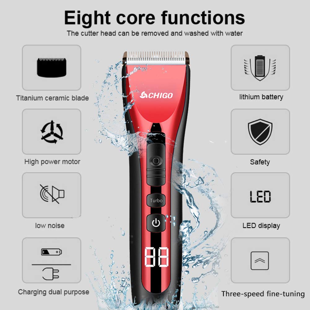 Lucky Star Pro Cordless Hair Clippers & Beard Trimmer Set - 5H Long Battery Life, LED Display, Titanium & Ceramic Blades, 6 Guide Combs, Storage Bag, Portable (Red) - Perfect for Home Haircuts, Beard Grooming & Travel