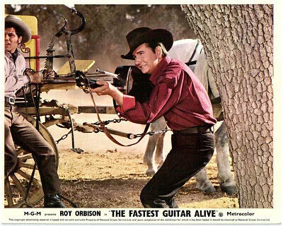 Roy Orbison Playing Guitar with Gun Original Lobby Card - Vintage Movie Memorabilia for Western Film Collectors & Music Fans - Perfect for Home Theater Decor, Man Cave, or Gift for Classic Cinema Enthusiasts