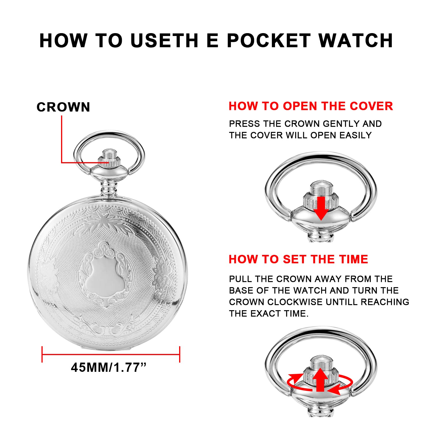 Vintage Roman Numeral Quartz Pocket Watch - Silver Smooth Round Case, White Dial with Belt Clip Chain - Perfect for Steampunk Costumes, Weddings & Collectors