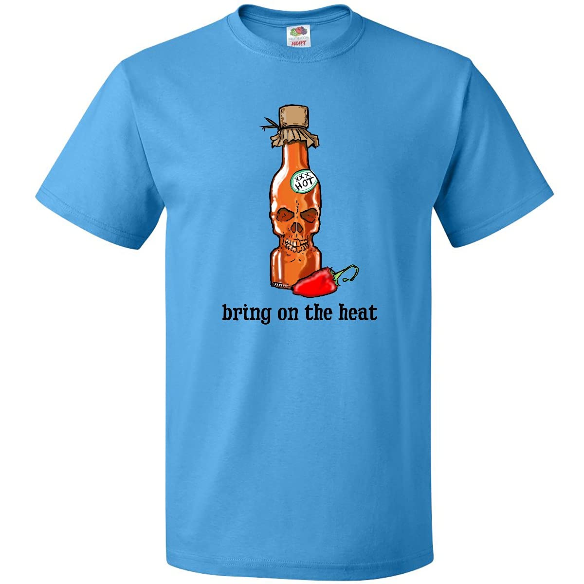 Inktastic Bring on The Heat Skull Bottle and Pepper Graphic T-Shirt | Cool Skull & Chili Pepper Design | Perfect for Casual Wear, Gifts & Halloween Outfits