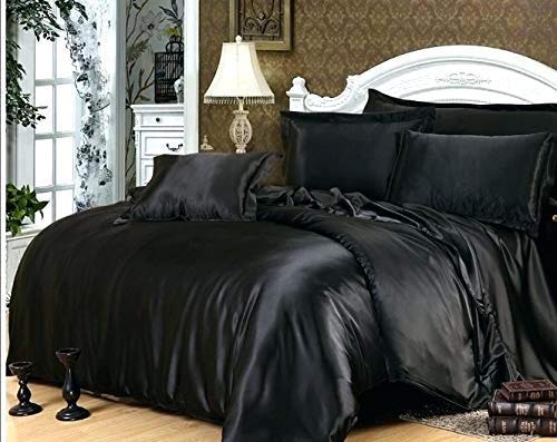 Premium 7-Piece Silk Satin Bedding Set - California King Size Black Comforter with 19