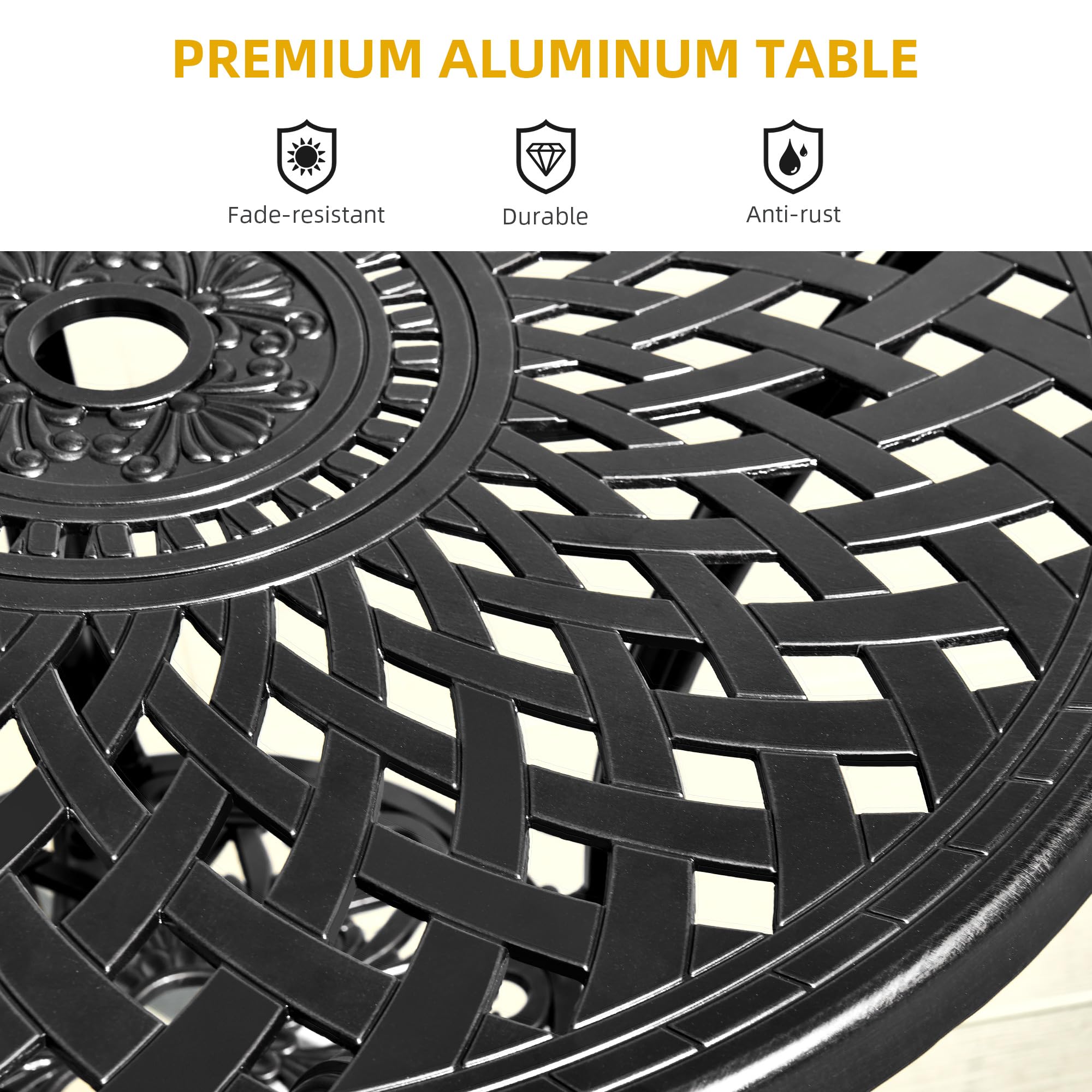 DWVO 30-Inch Round Outdoor Dining Table with Umbrella Hole - Antique Cast Aluminum Patio Bistro Table for Backyard, Garden, Deck, Porch - Weather-Resistant Black Side Table for Outdoor Entertaining & Relaxation