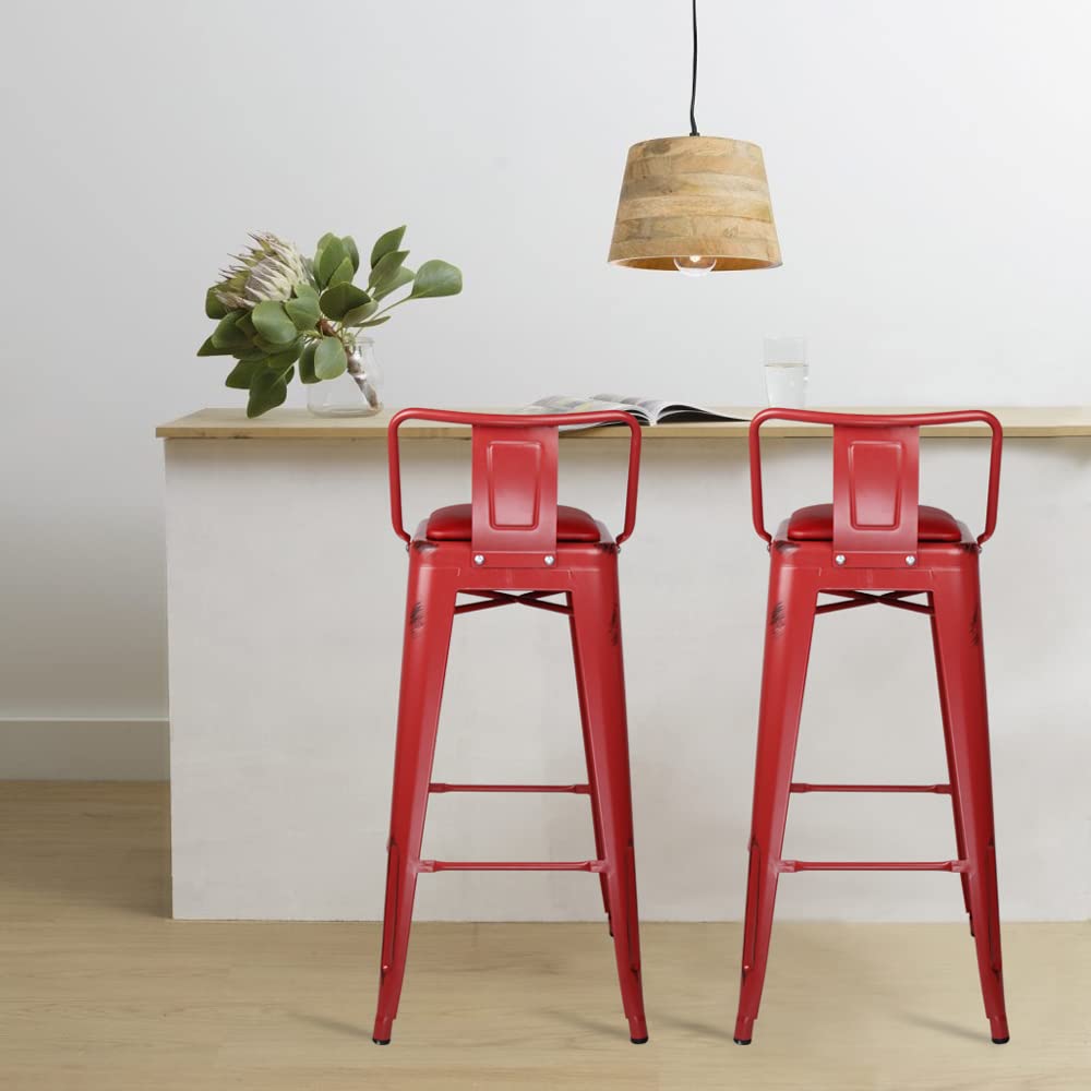GIA 30-Inch Low-Back Bar Stool Set of 4 - Salmon Red with Red Vegan Leather Seat - Perfect for Kitchen Islands, Breakfast Bars & Home Decor