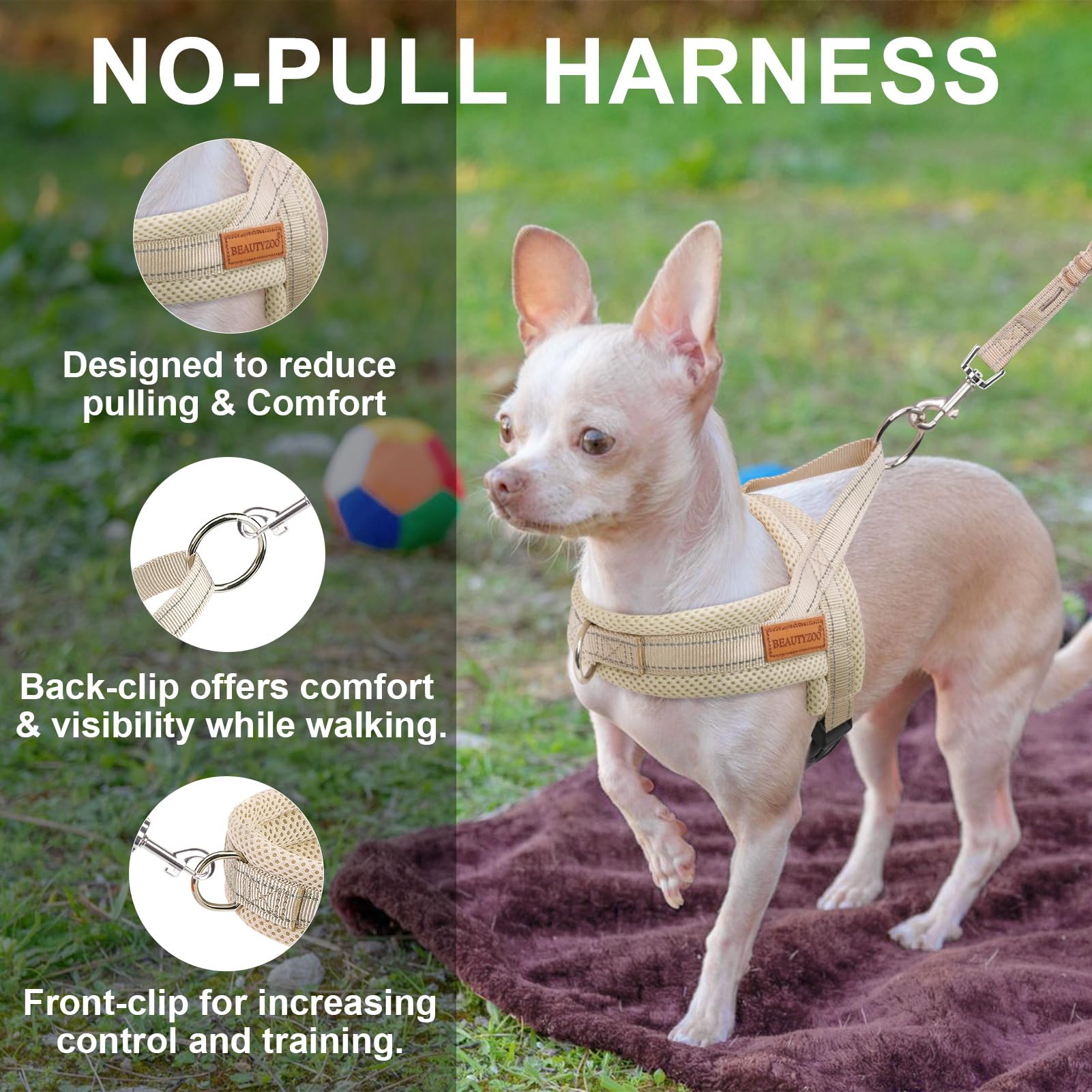 BEAUTYZOO No Pull Dog Harness and Leash Set for Small Dogs 6-12 lbs - Soft Escape Proof Puppy Vest Harness with Handle, Reflective Lightweight Step in Harness for Girl & Boy Dogs (Beige XS) - Perfect for Walking, Training, and Outdoor Adventures