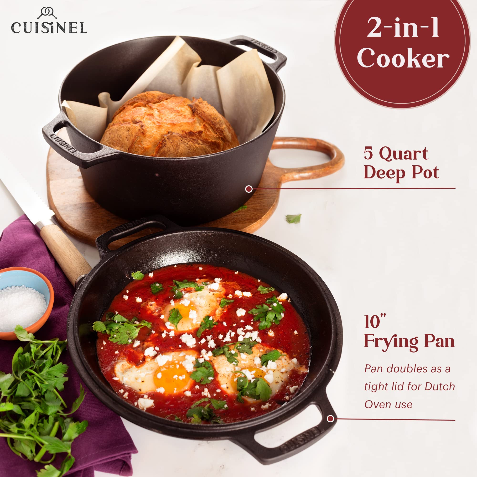 Cuisinel 5-Quart Cast Iron Dutch Oven - Preseasoned 2-in-1 Multi-Cooker with Skillet Lid & Accessories - Perfect for Baking Bread, Stews & Outdoor Cooking
