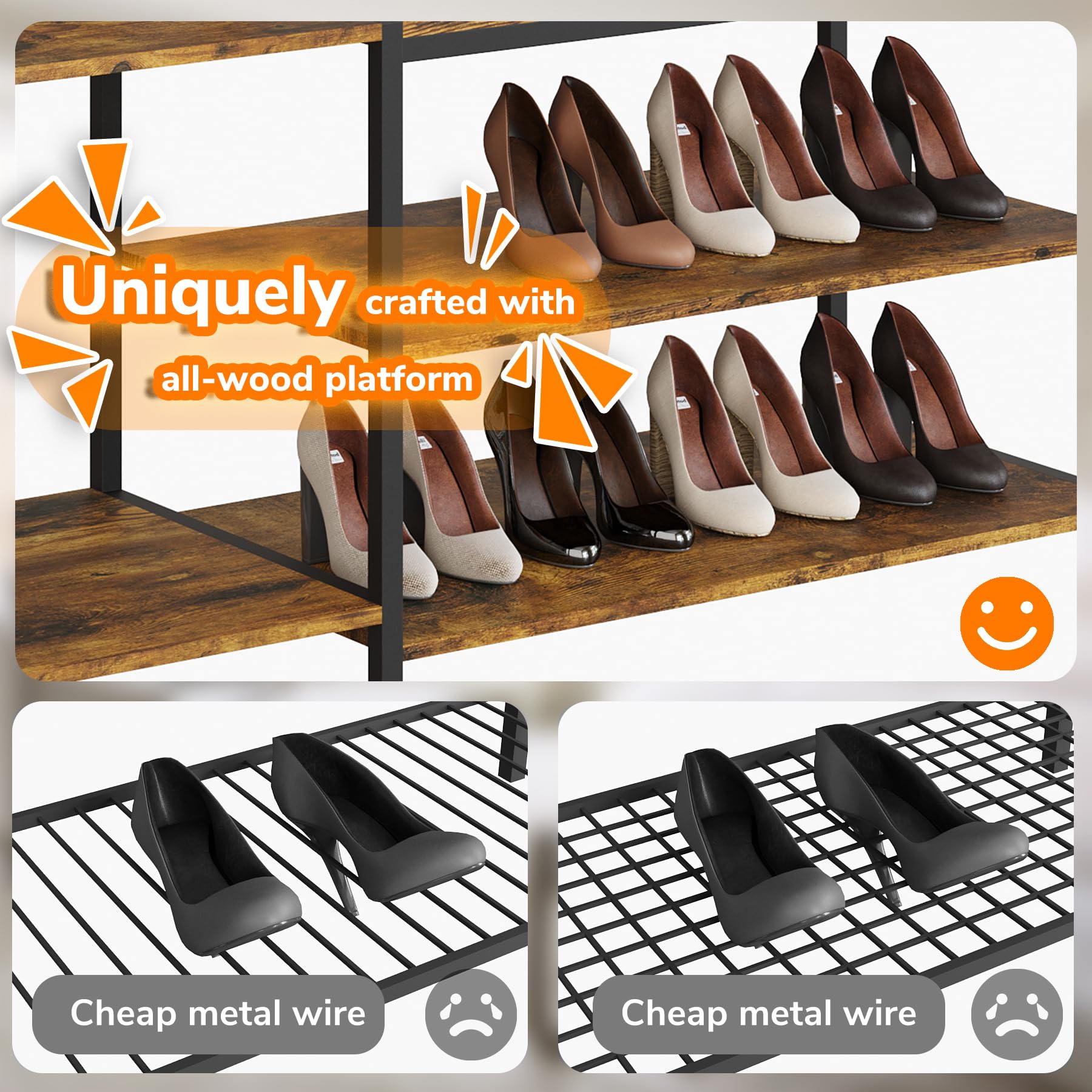 AMBIRD Entryway Hall Tree with Shoe Storage Bench - Coat Rack with 9 Hooks, Metal Grid Panel & Shelves - Rustic Brown & Ink Black (41