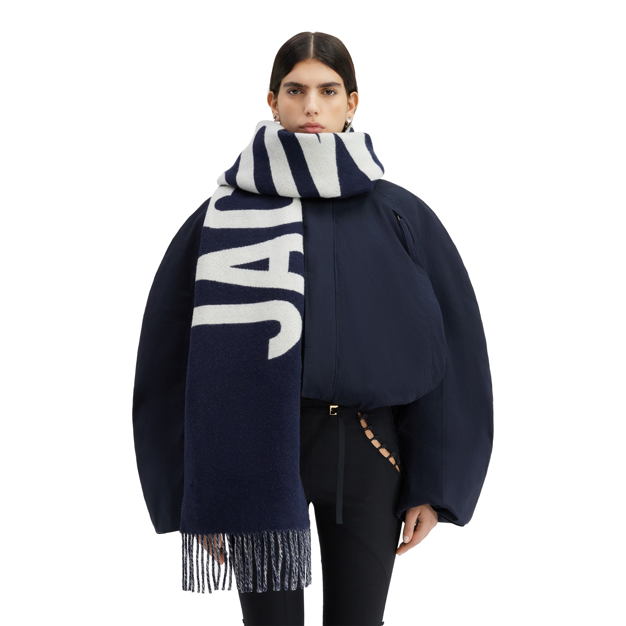 Jacquemus L'echarpe Fringe Logo Navy Scarf - Stylish Designer Scarf for Women & Men - Perfect for Winter Fashion, Outfit Accessories & Gift Giving