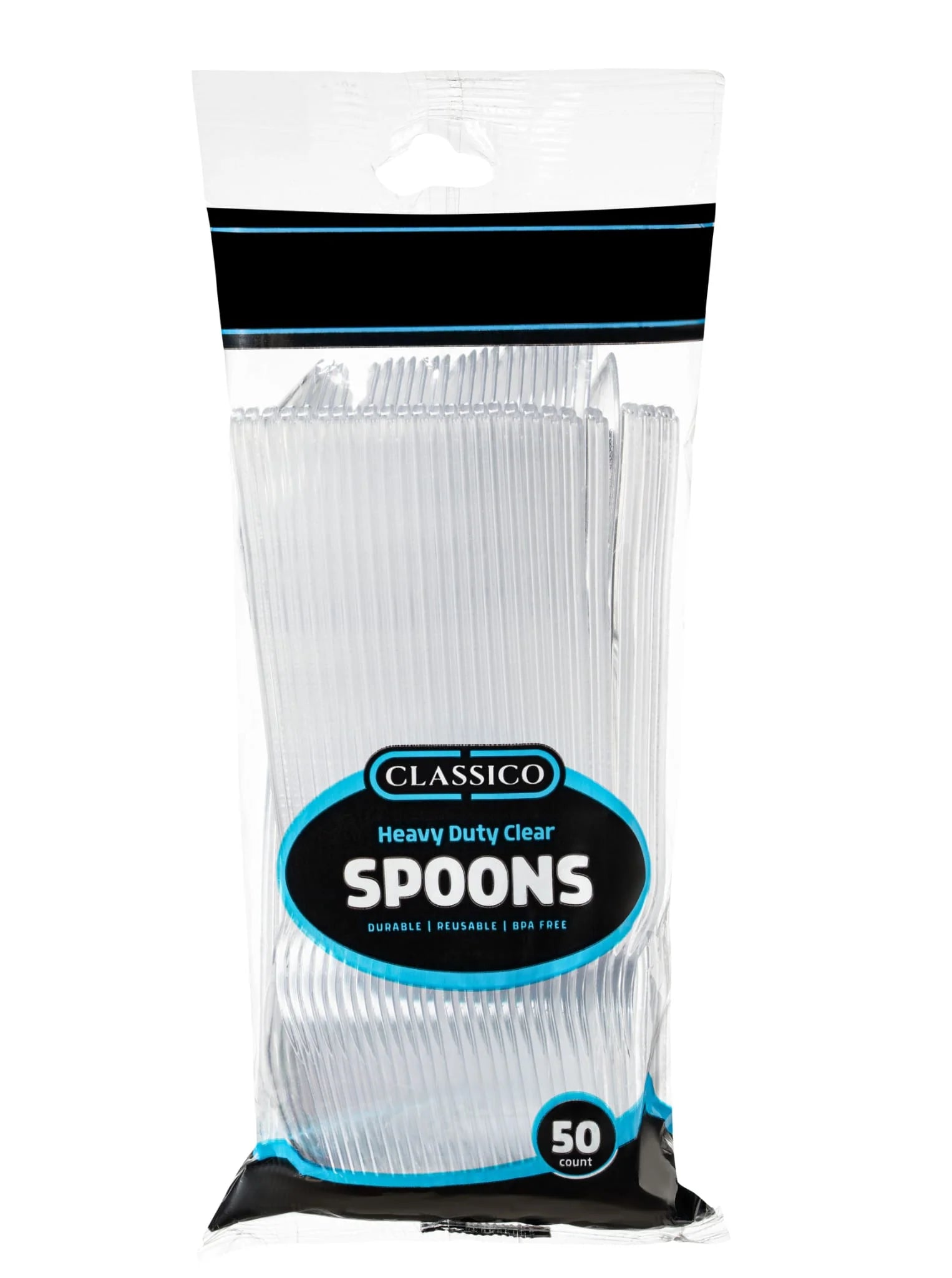 Classico Collection Clear Plastic Flatware Set - 50 Pack Disposable Cutlery for Parties, Picnics, and Catering Events - Fork, Knife, Spoon Combo
