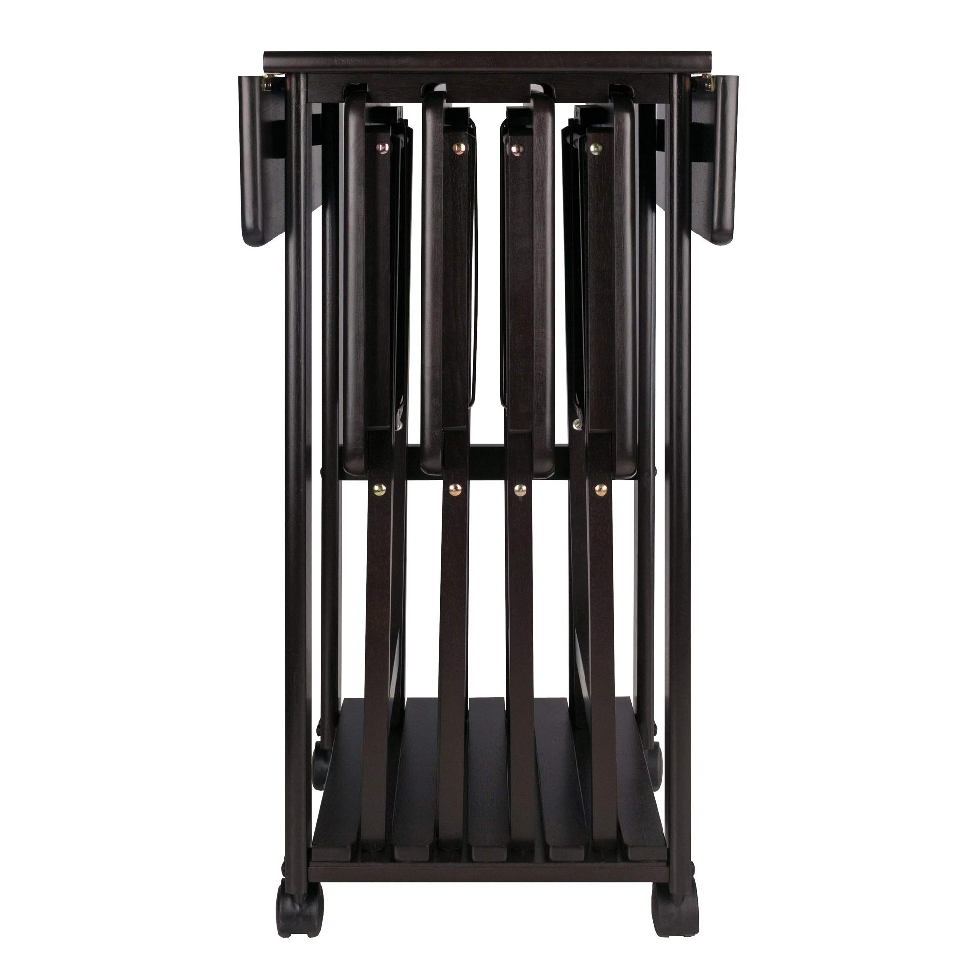 Ergode 5-Piece Wood Folding Snack Table Set with Rolling Storage Stand & Removable Serving Tray - Fully Assembled Black Coffee Table for Living Room, Patio, and Outdoor Use