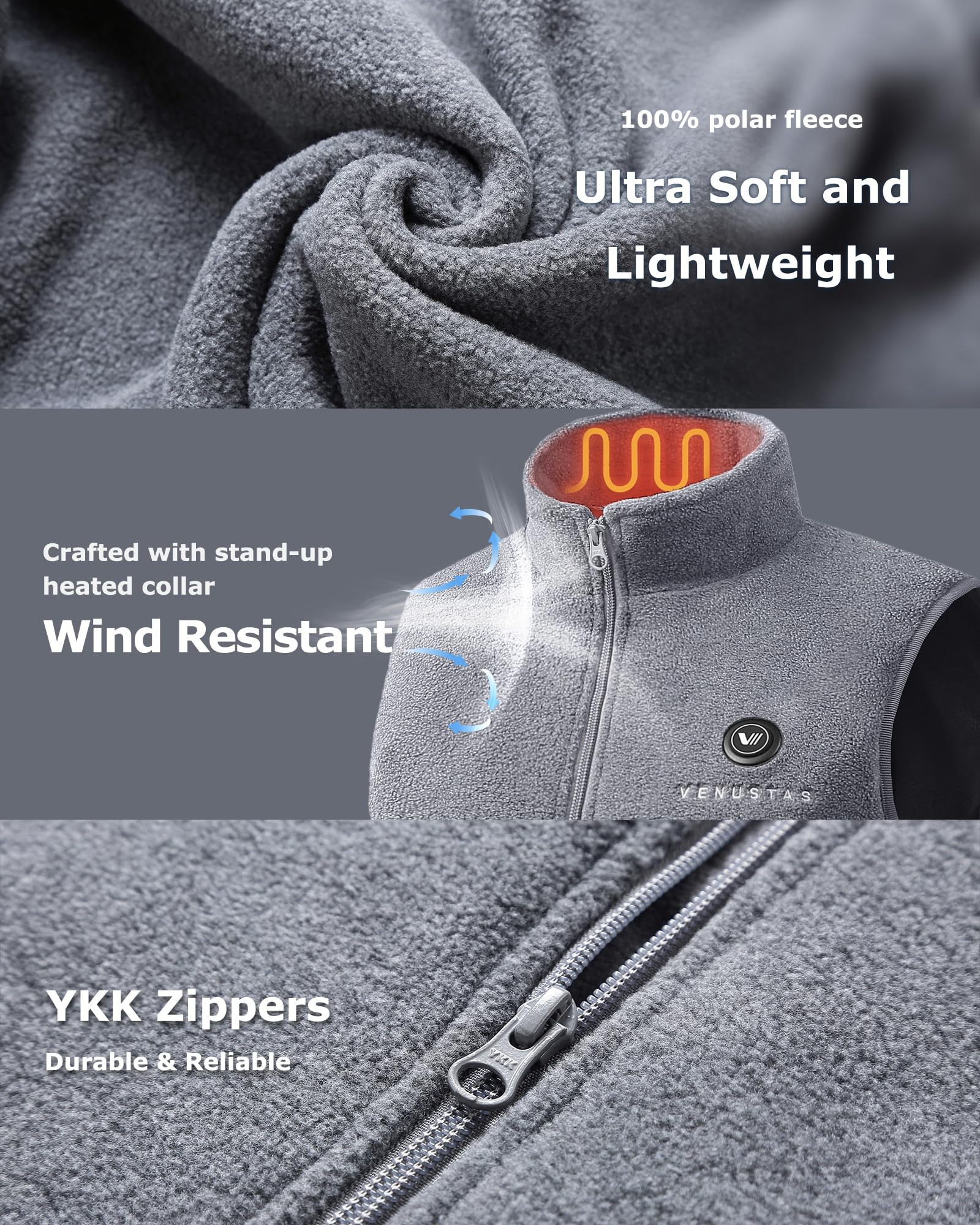 Venustas Men's Heated Fleece Vest with Rechargeable Battery - Lightweight Electric Warming Jacket for Winter Outdoor Activities, Hunting, and Camping