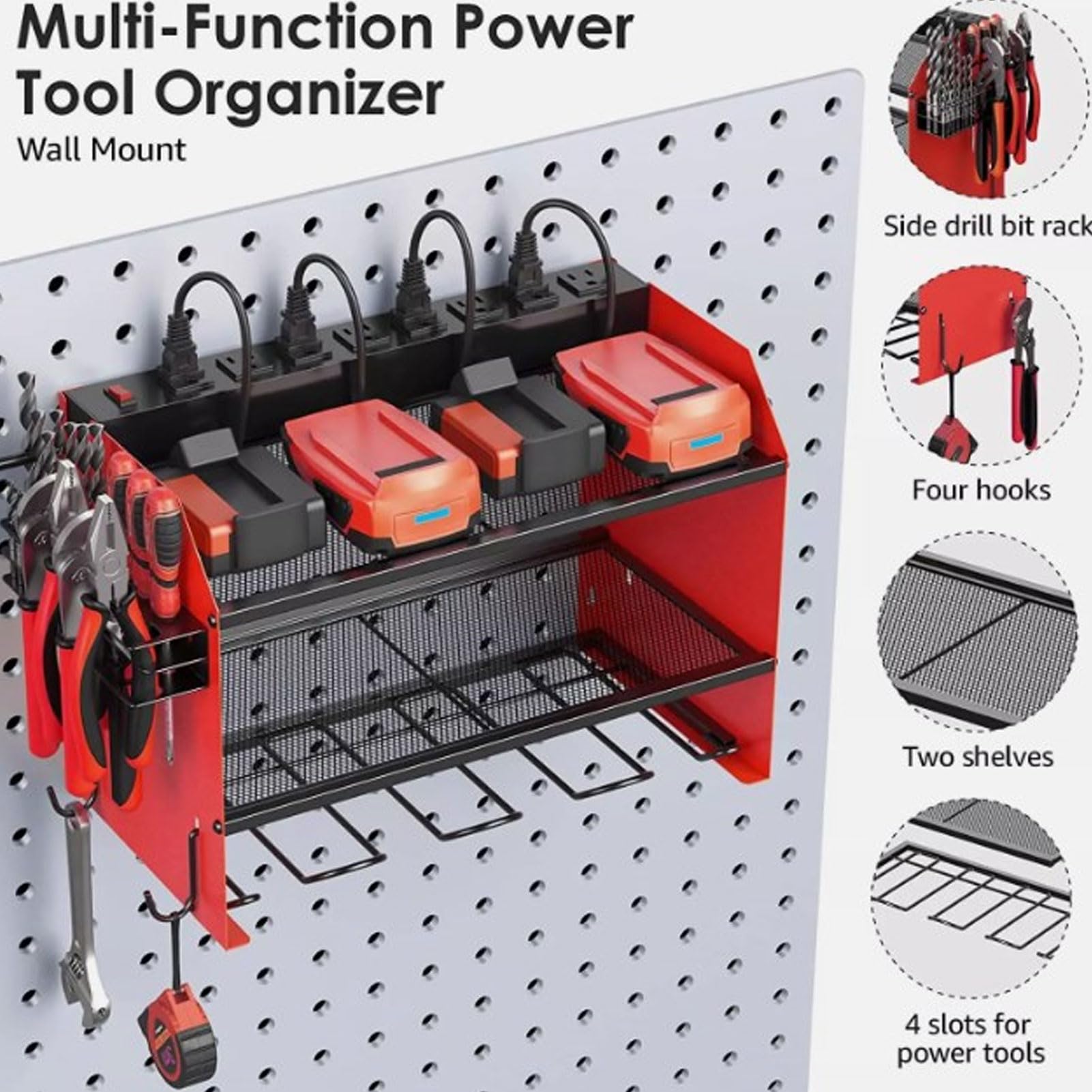 Modular Wall Power Tool Organizer with 4 Drill Holders & 8 Outlets - Adjustable Garage Tool Rack for Grinders, Screwdrivers & Charging Station | Perfect for Workshop, Garage & DIY Projects