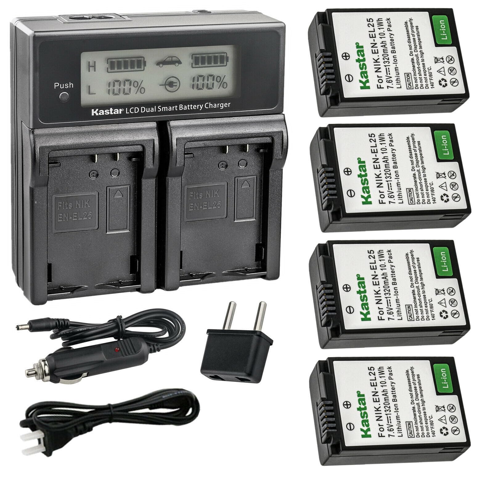 Kastar 4-Pack EN-EL25 Battery & AC LCD Dual Fast Charger for Nikon Z50 Z FC Mirrorless Cameras - Compatible with EN-EL25a 4241 Battery & MH-32 Charger - Perfect for Travel, Photography & Vlogging