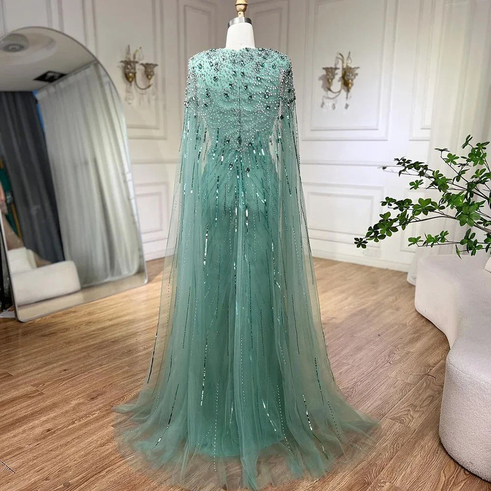 Elegant Turquoise Mermaid Beaded Evening Gown with Detachable Cape - LA72168A | Perfect for Prom, Gala & Formal Events
