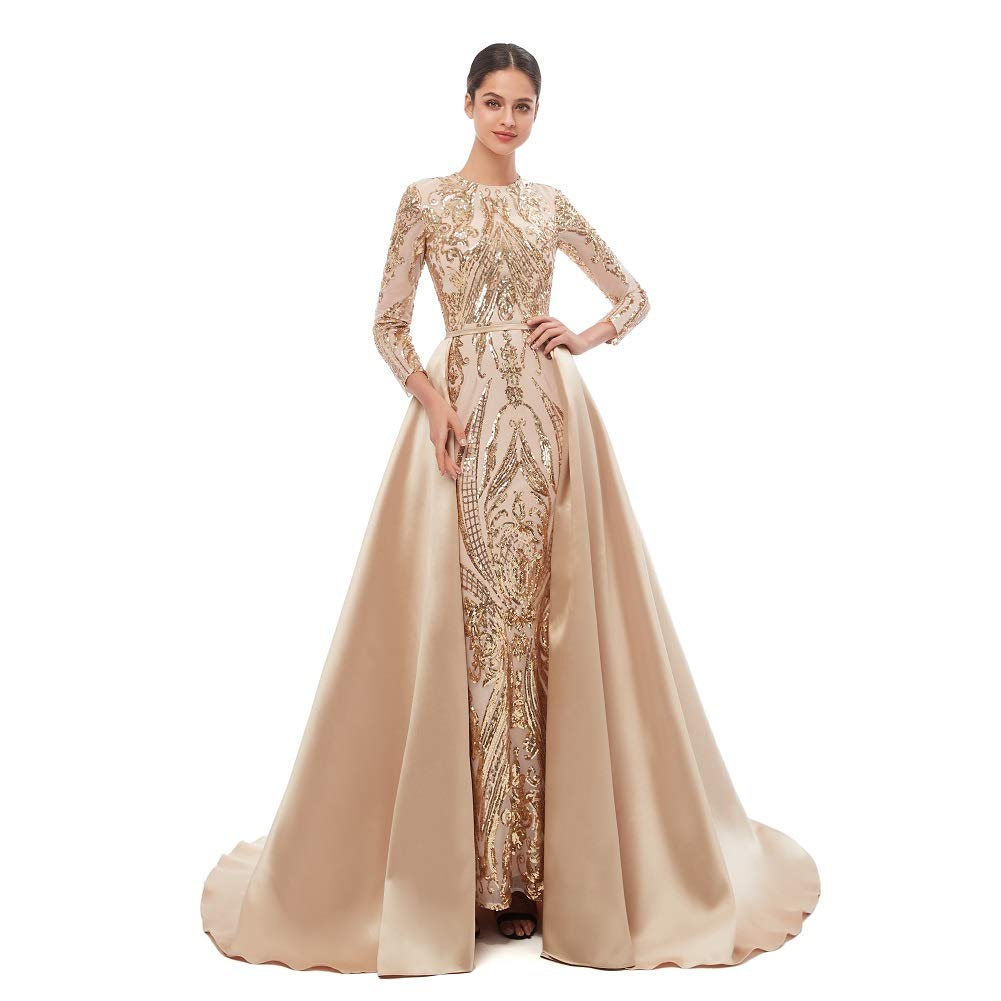 Engerla Women's Detachable Train Mermaid Evening Dress - Long Sleeve Formal Gown for Prom, Party, Wedding & Celebrity Events | Elegant Night Out & Special Occasion Wear