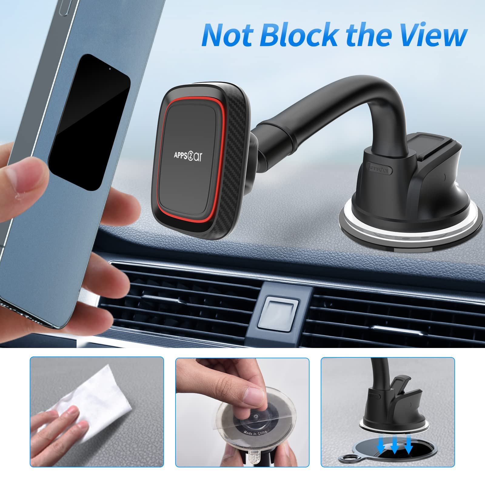 APPS2Car Magnetic Car Phone Holder Mount with 6 Strong Magnets - Universal Suction Cup Phone Mount for Windshield & Dashboard - Compatible with Most Smartphones & Mini Tablets - Perfect for Hands-Free Navigation & Safe Driving