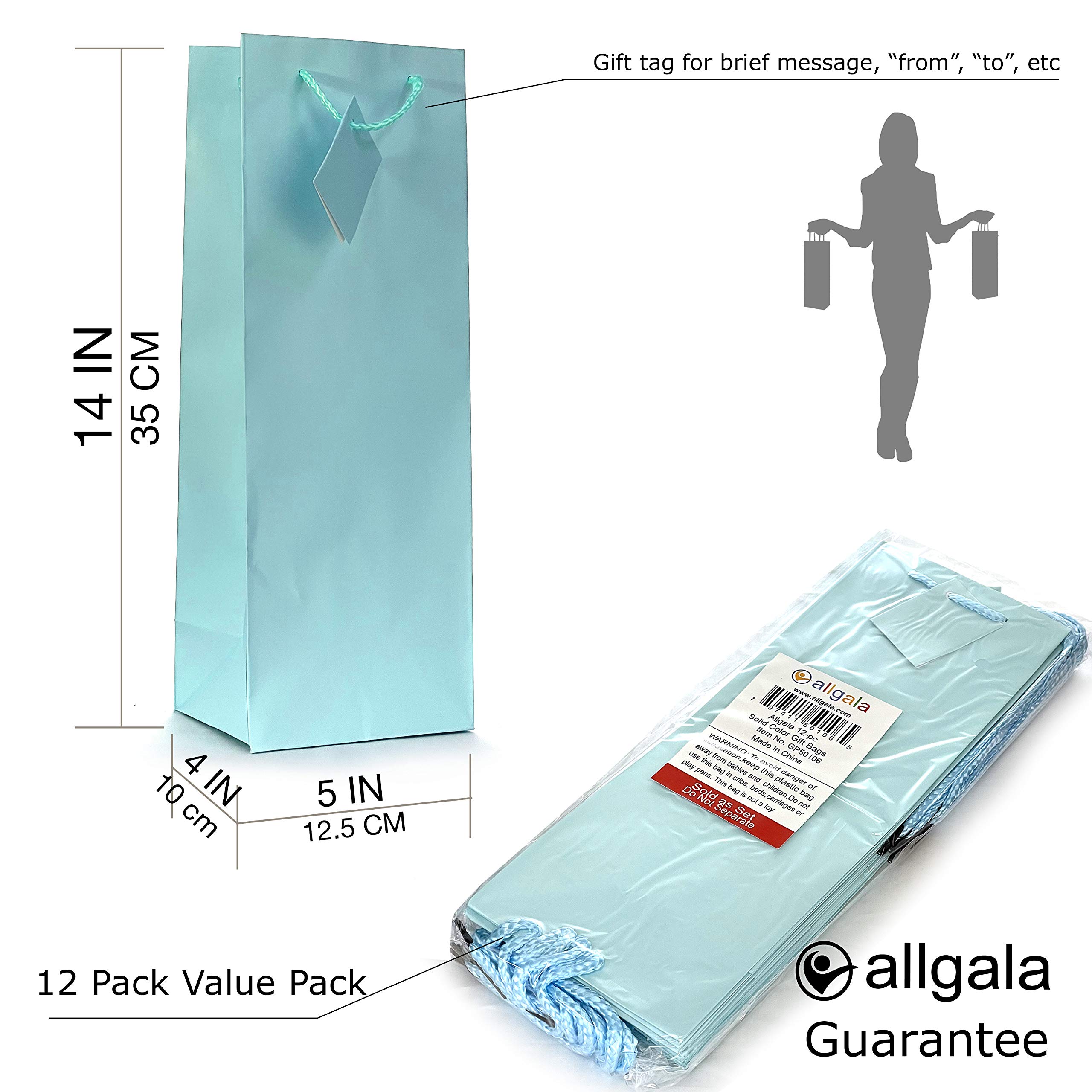 Allgala 12 Pack Light Blue Wine Bottle Gift Bags with Handles - 14x5x4 Inch Party Favor Bags for Birthday, Wedding, Baby Shower, Christmas & Holiday Celebrations - Perfect for Gifting Wine, Champagne or Liquor Bottles at Special Events